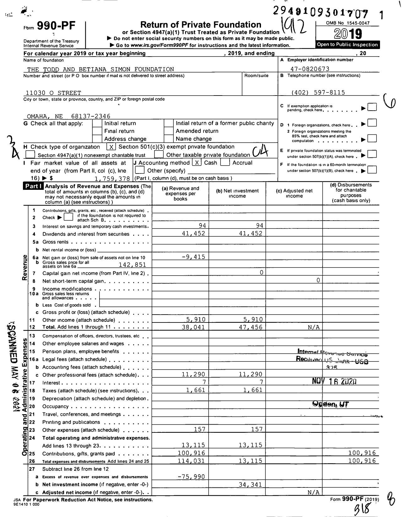 Image of first page of 2019 Form 990PF for The Todd and Betiana Simon Foundation