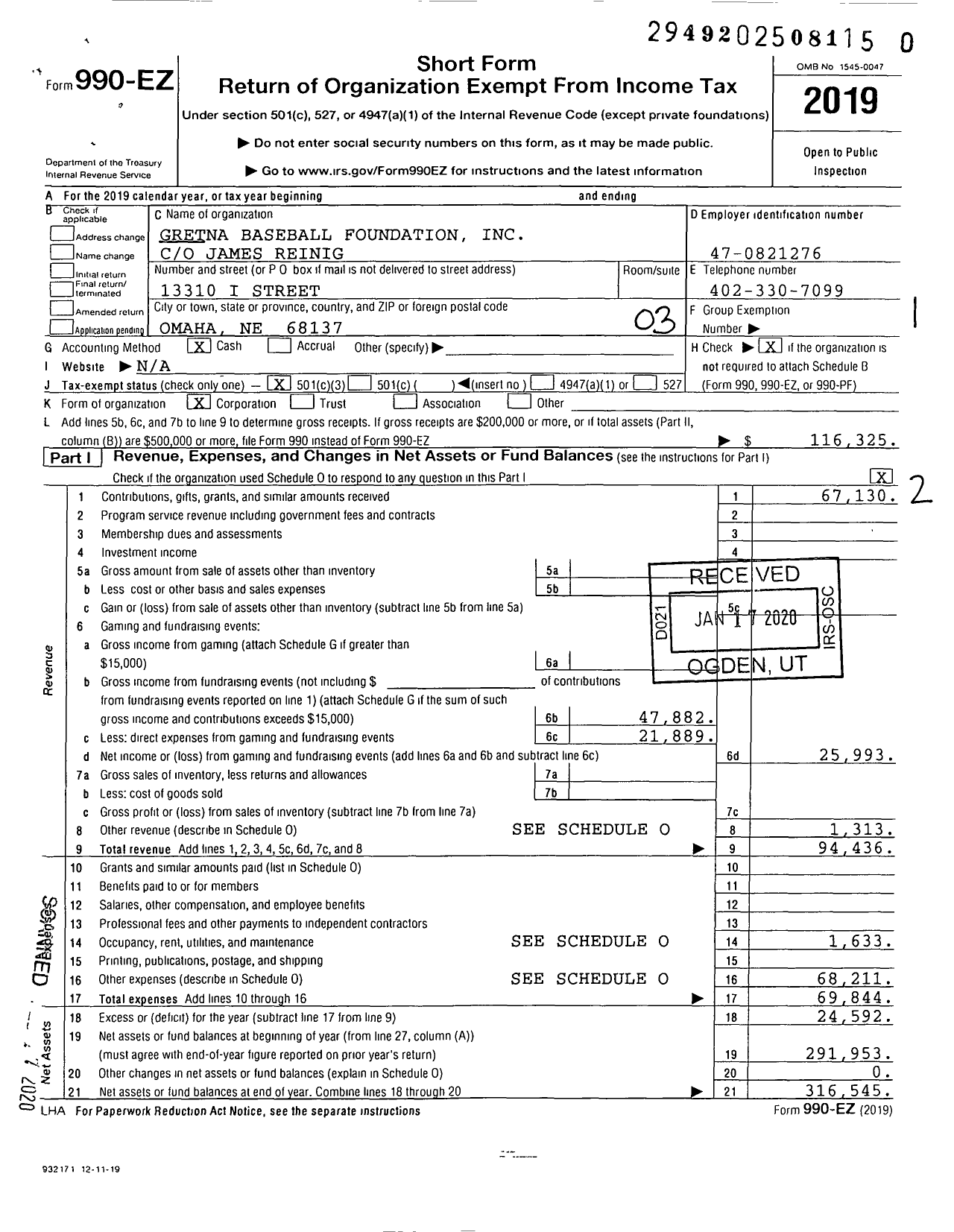 Image of first page of 2019 Form 990EZ for Gretna Baseball Foundation