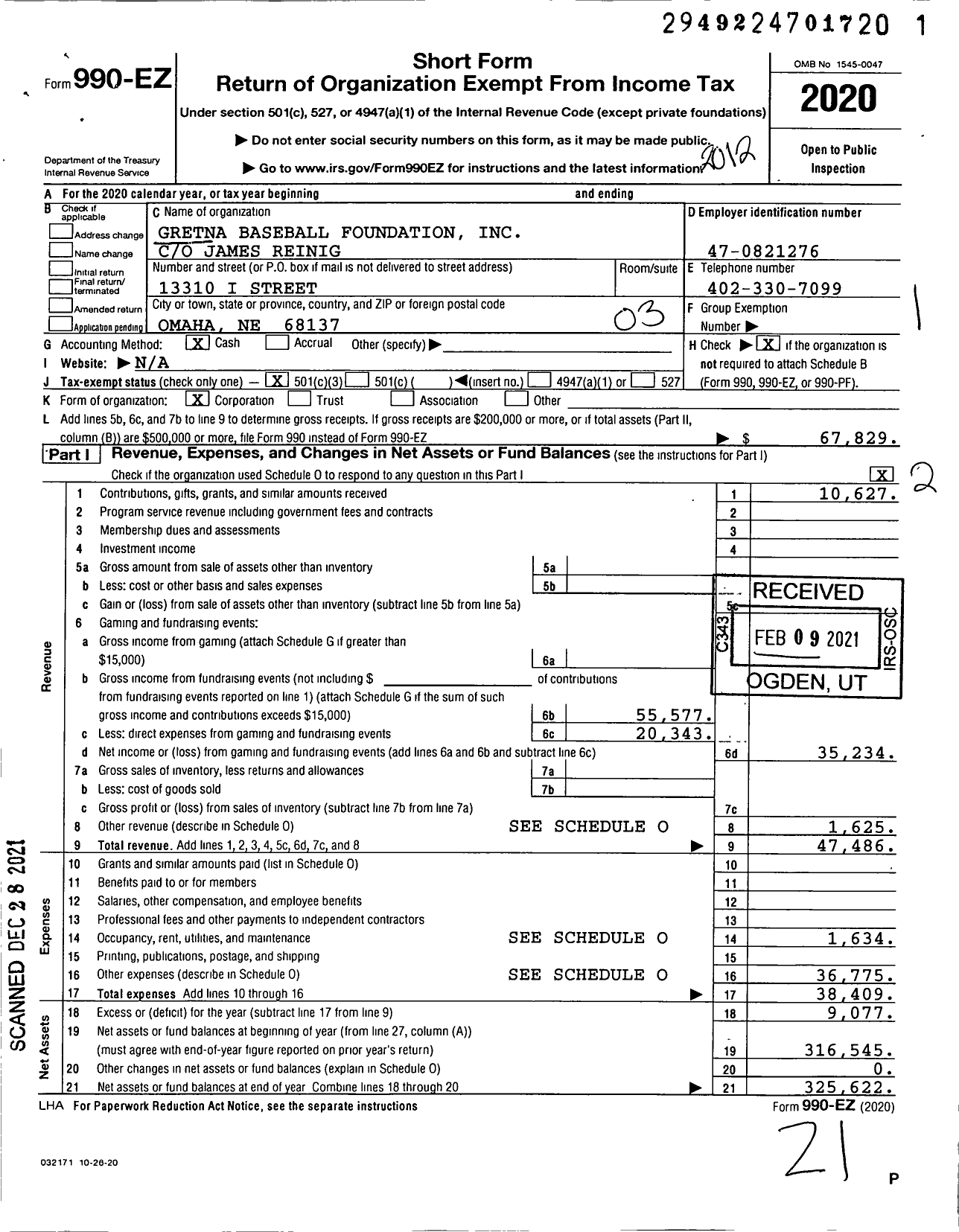 Image of first page of 2020 Form 990EZ for Gretna Baseball Foundation