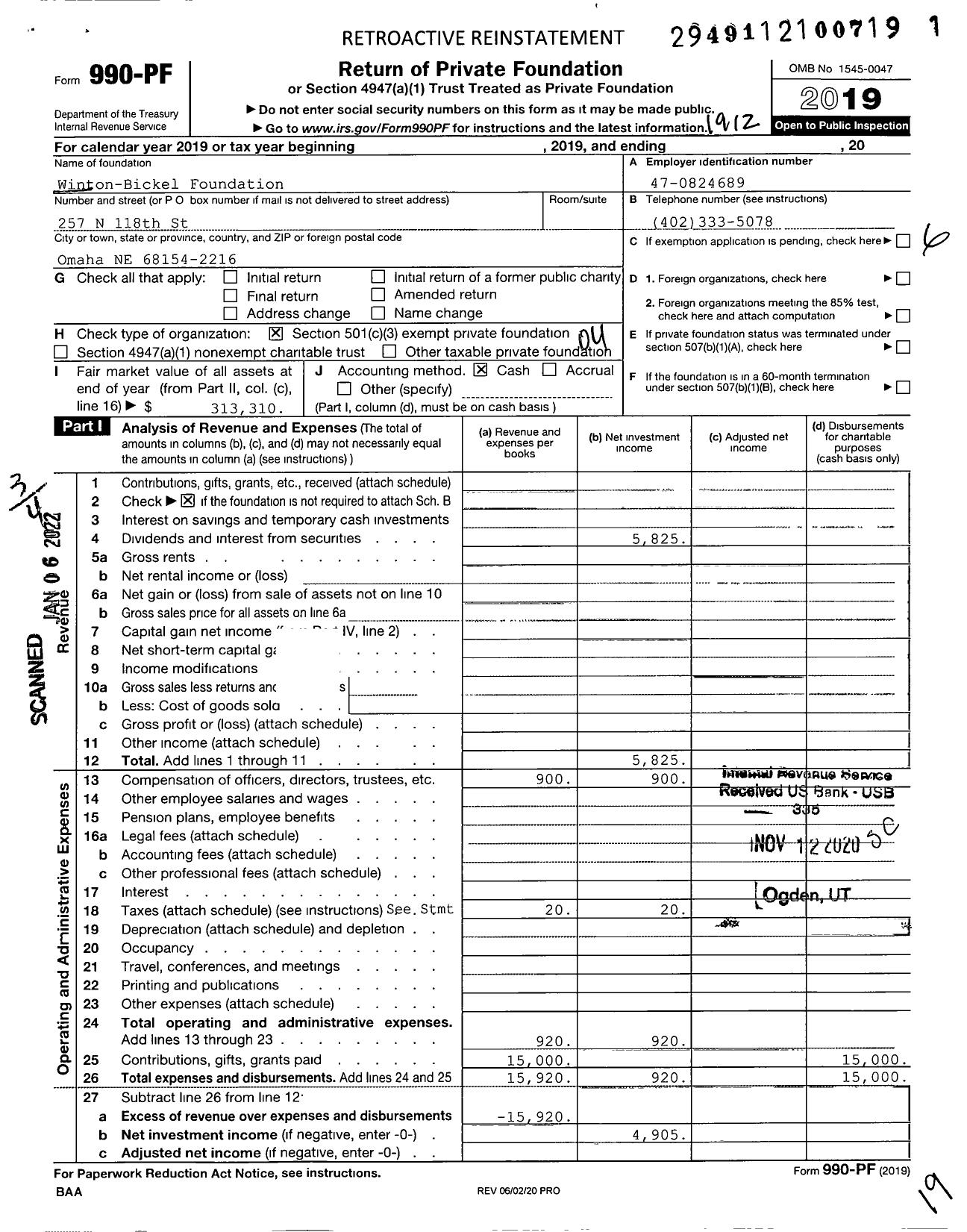 Image of first page of 2019 Form 990PF for Winton-Bickel Foundation