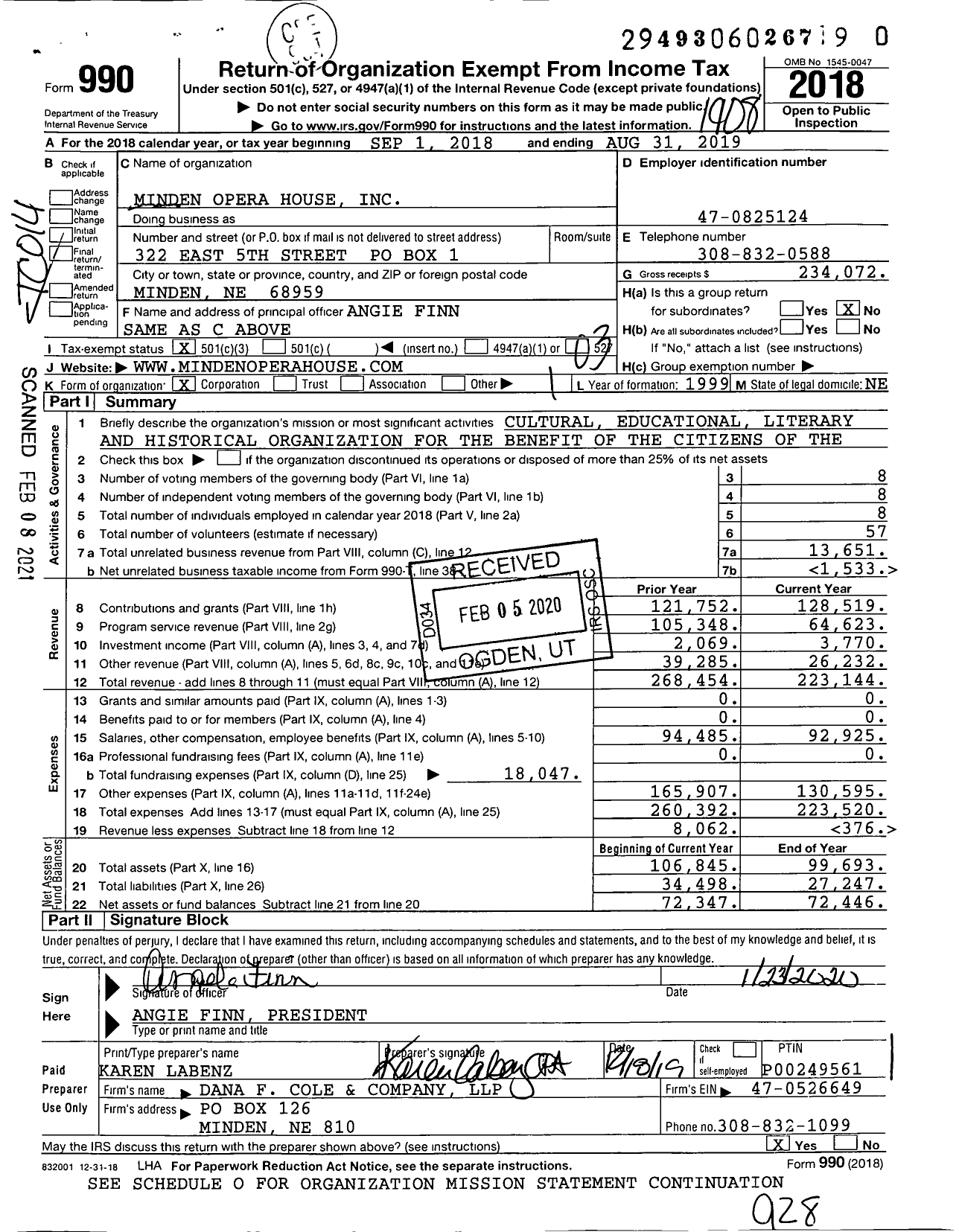 Image of first page of 2018 Form 990 for Minden Opera House