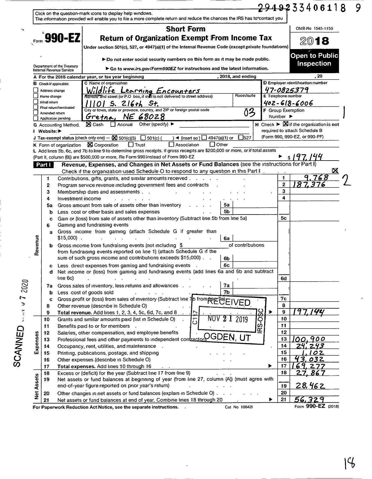 Image of first page of 2018 Form 990EZ for Wildlife Learning Encounters