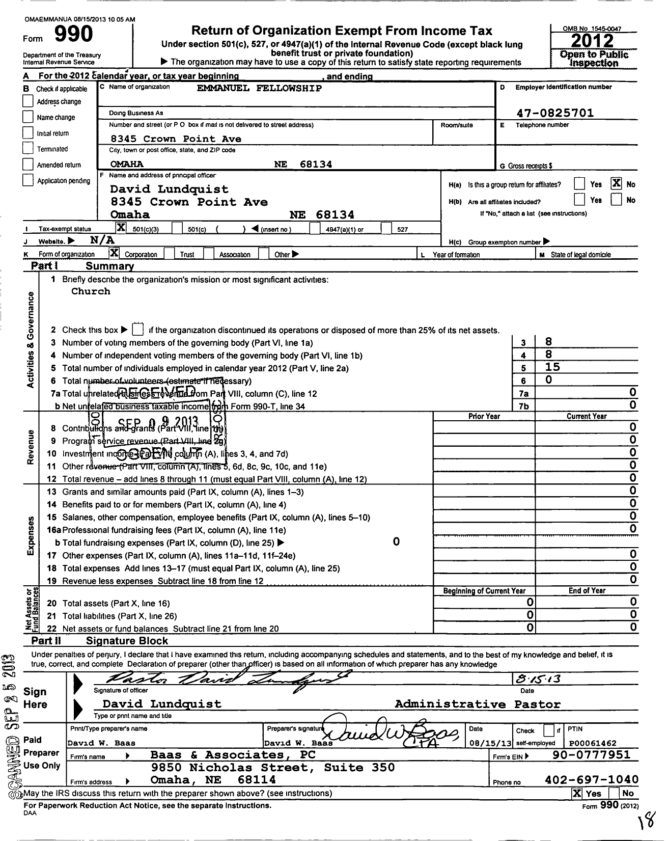 Image of first page of 2012 Form 990 for Emmanuel Fellowship