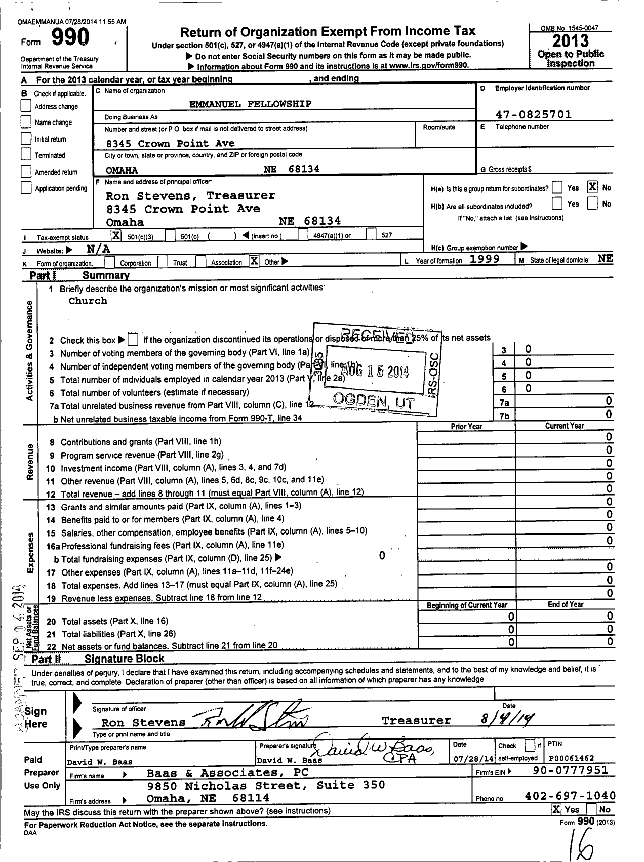 Image of first page of 2013 Form 990 for Emmanuel Fellowship