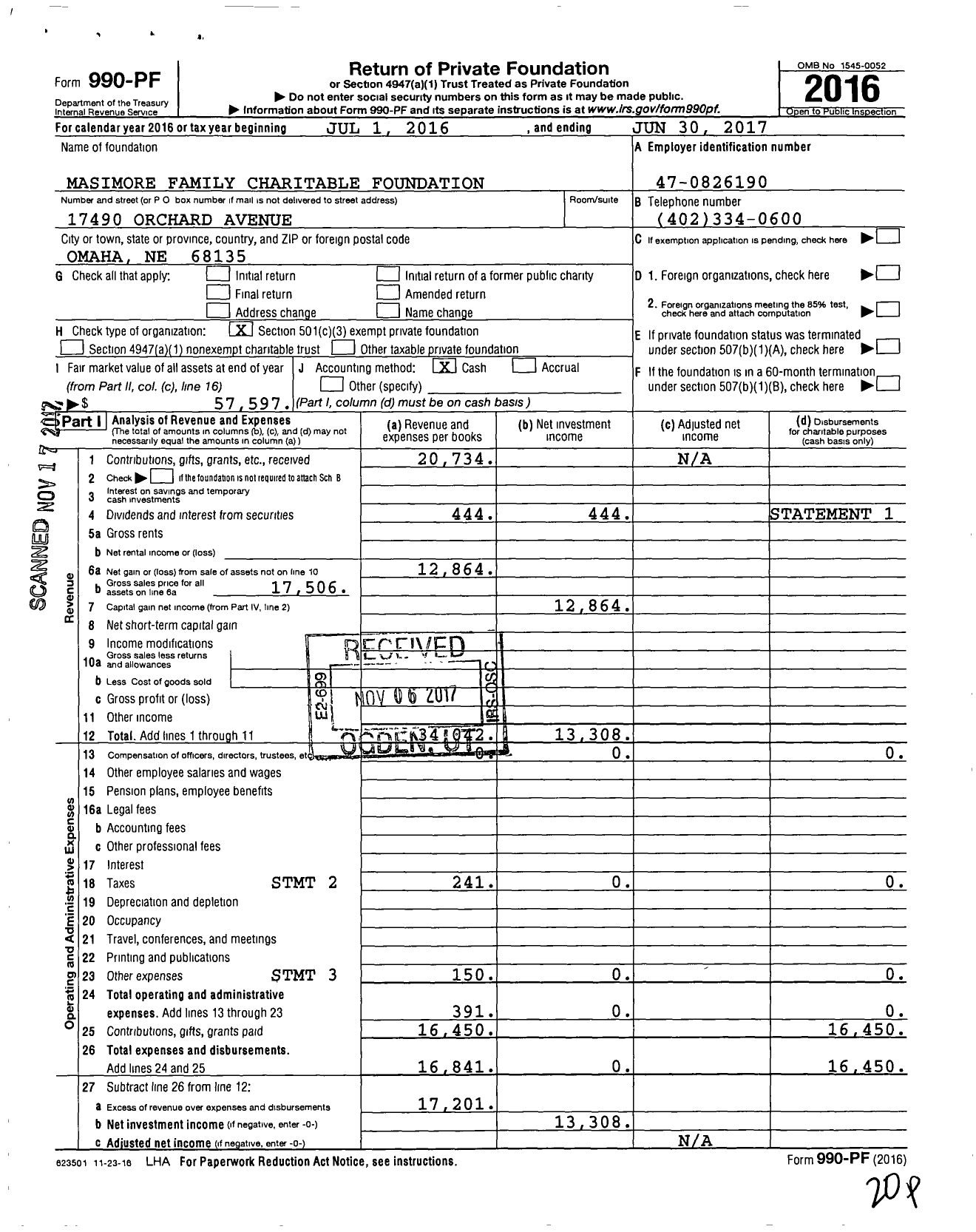 Image of first page of 2016 Form 990PF for Masimore Family Charitable Foundation