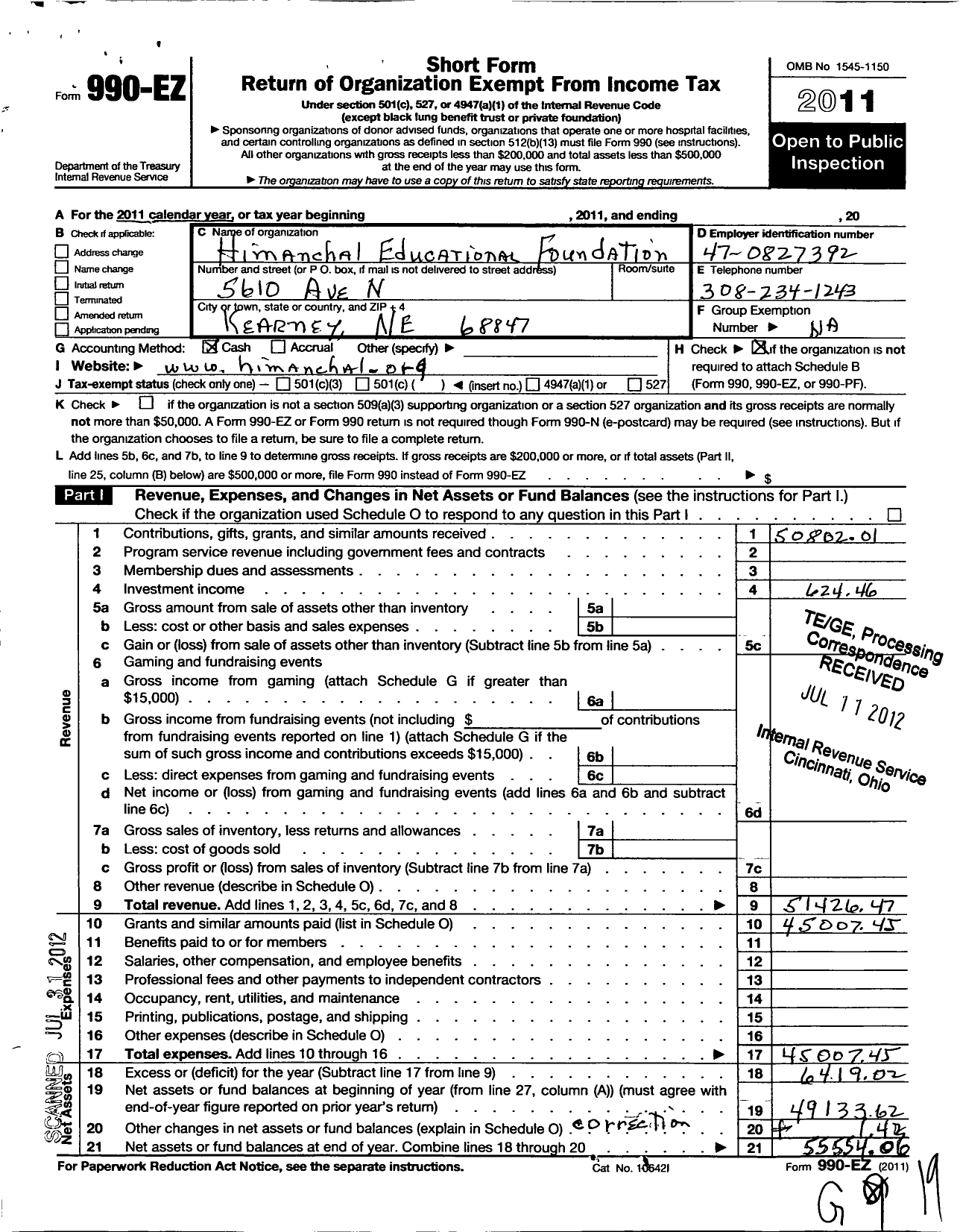 Image of first page of 2011 Form 990EO for Himanchal Educational Foundation