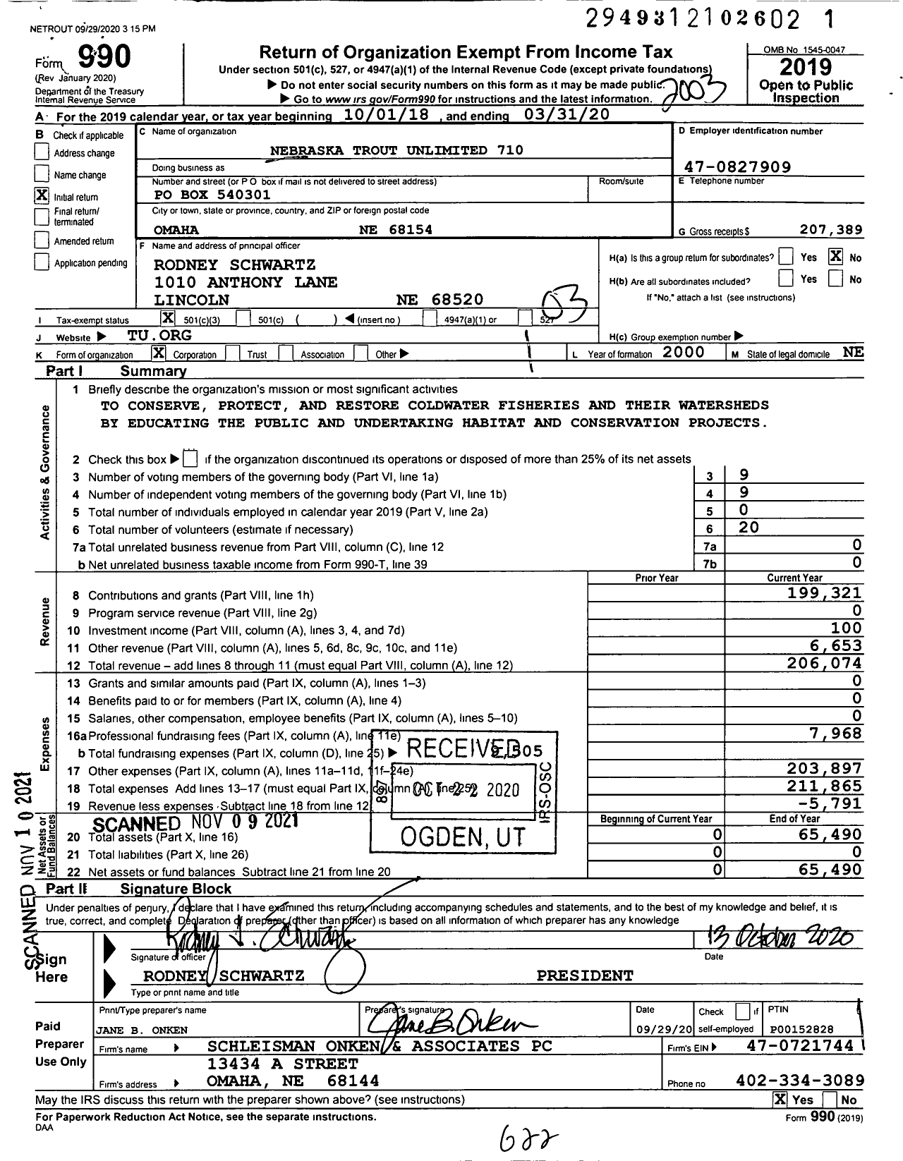 Image of first page of 2019 Form 990 for Trout Unlimited - 710 Nebraska Trout Unlimited