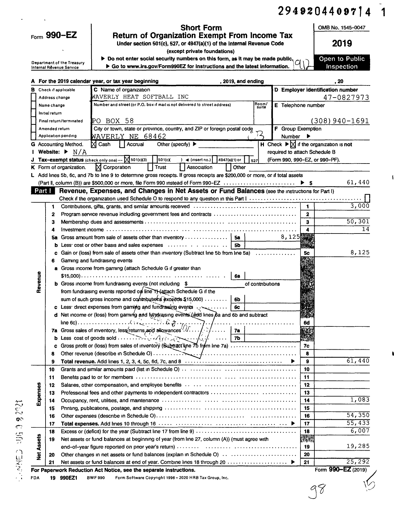 Image of first page of 2019 Form 990EZ for Waverly Heat Softball