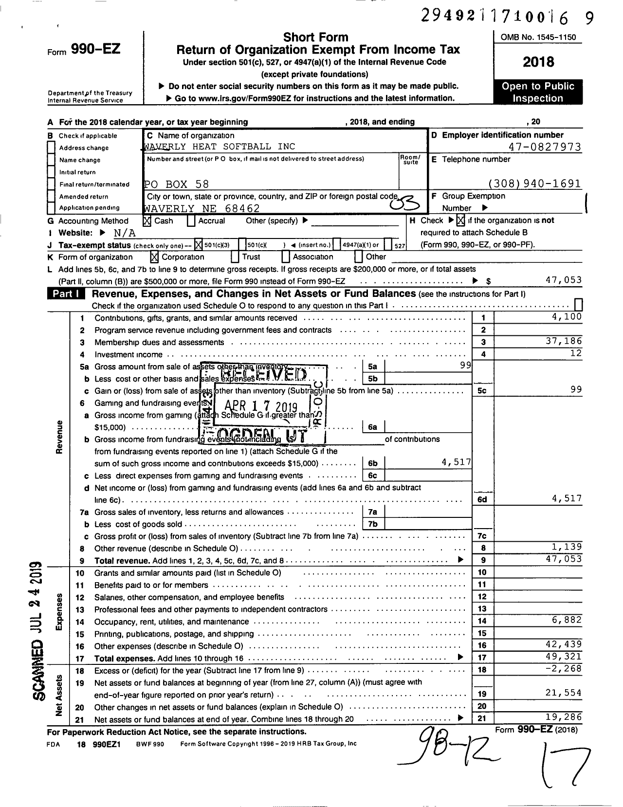 Image of first page of 2018 Form 990EZ for Waverly Heat Softball