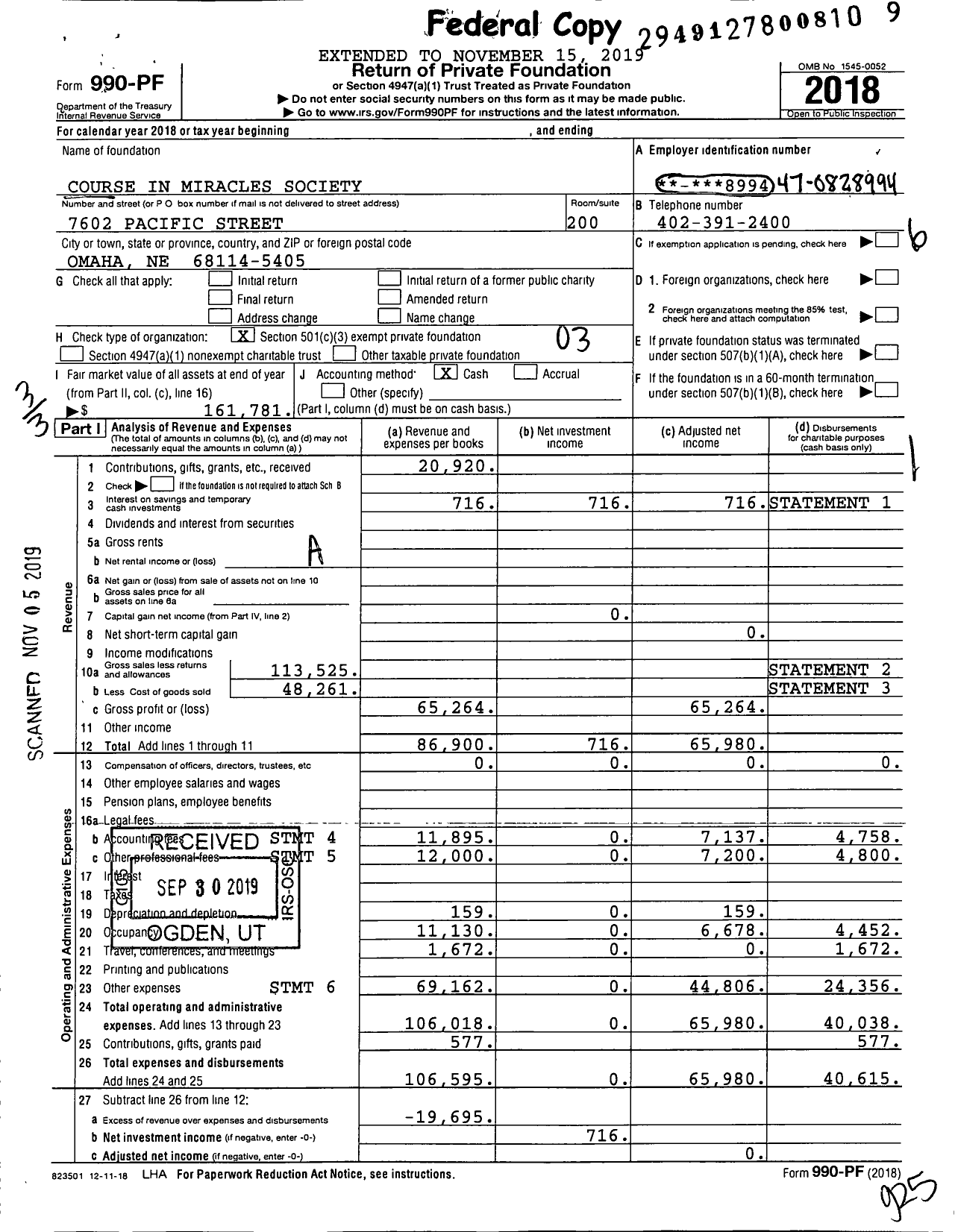 Image of first page of 2018 Form 990PF for Course in Miracles Society