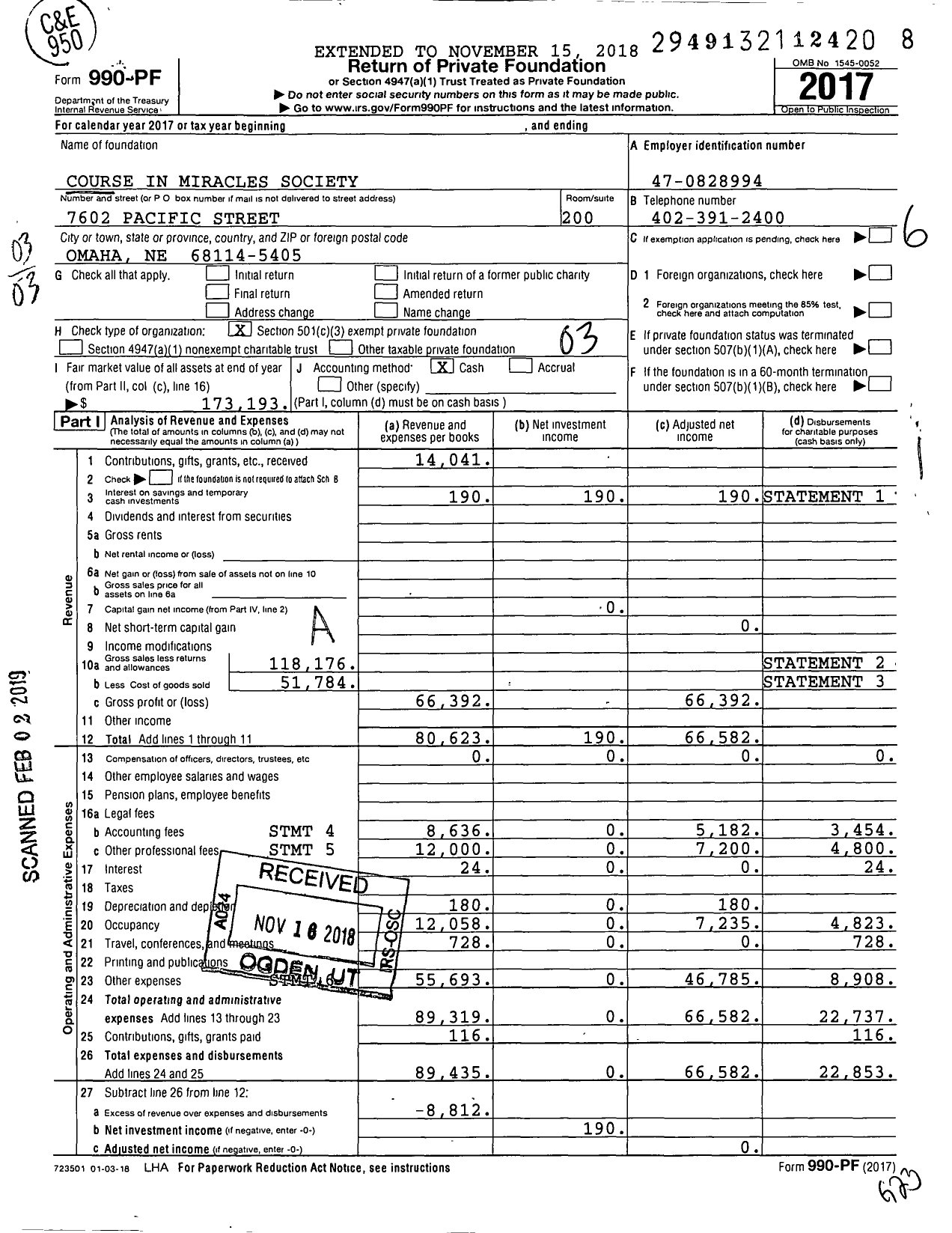 Image of first page of 2017 Form 990PF for Course in Miracles Society