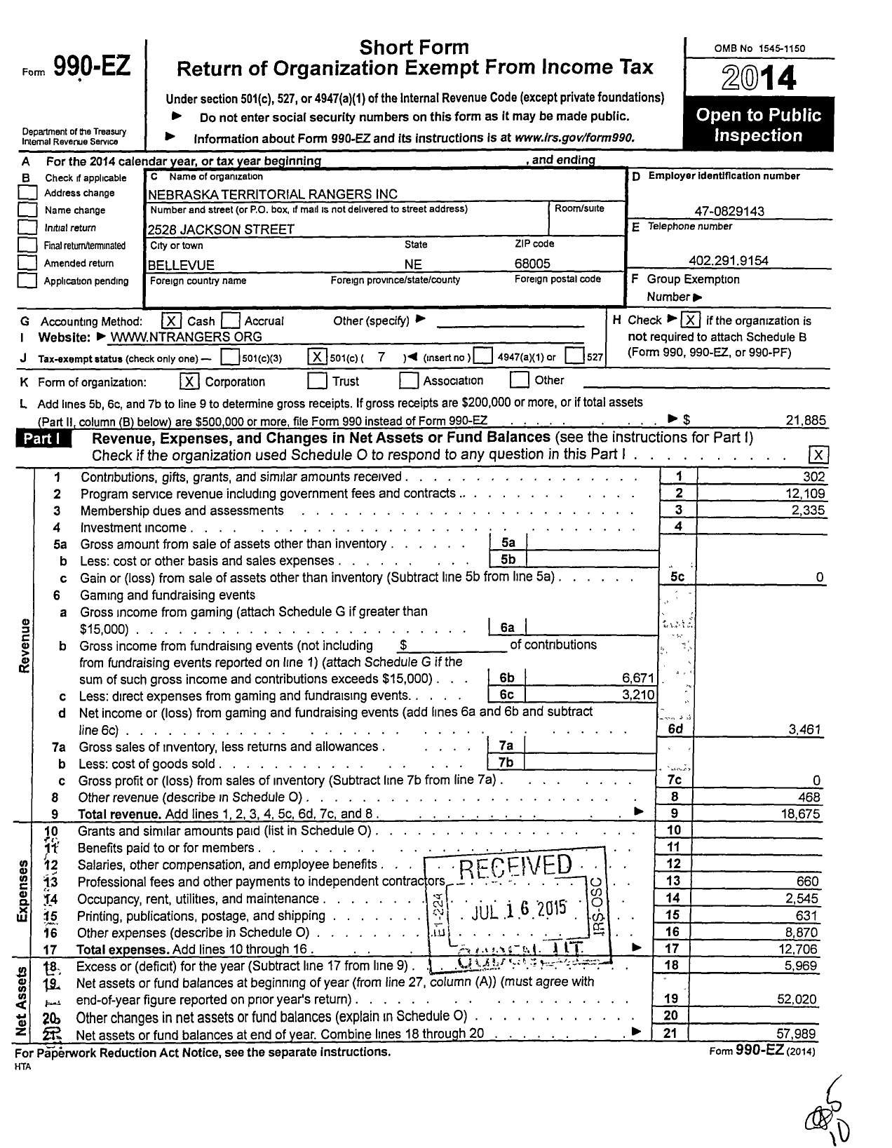 Image of first page of 2014 Form 990EO for Nebraska Territorial Rangers