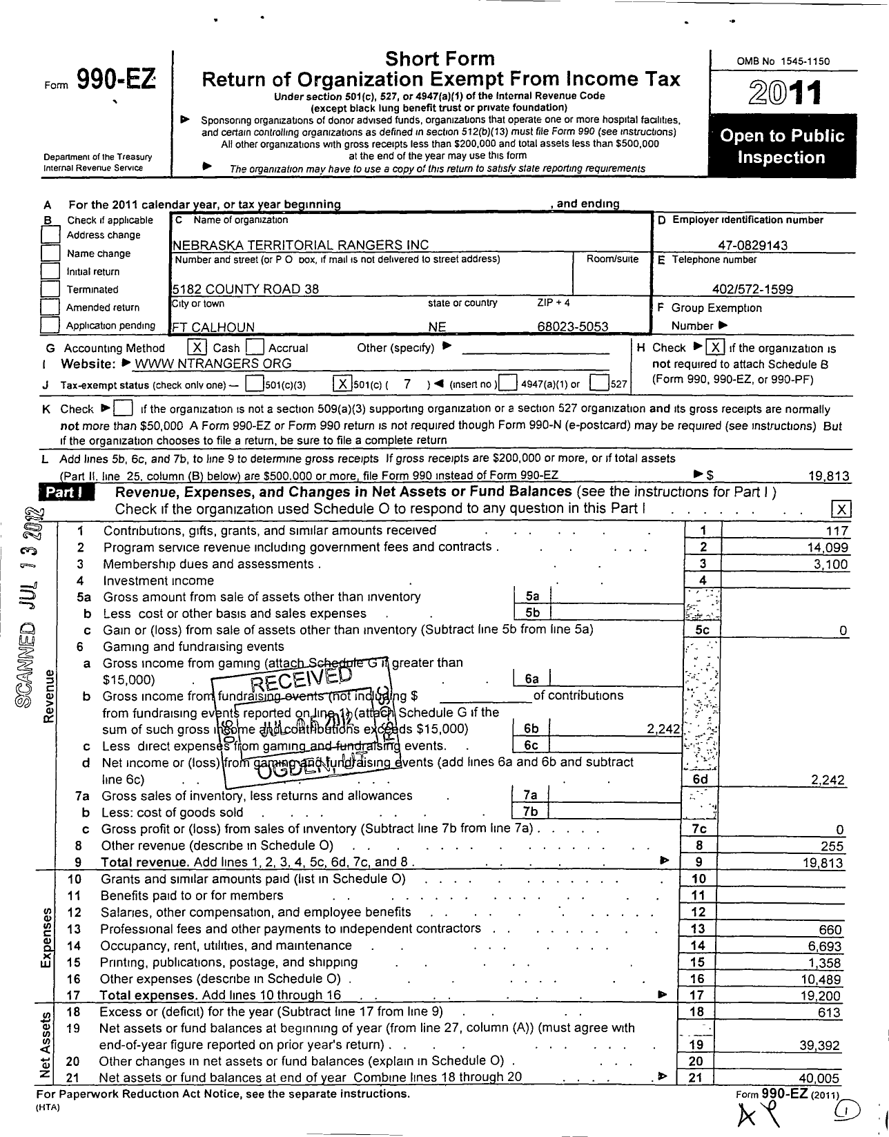 Image of first page of 2011 Form 990EO for Nebraska Territorial Rangers