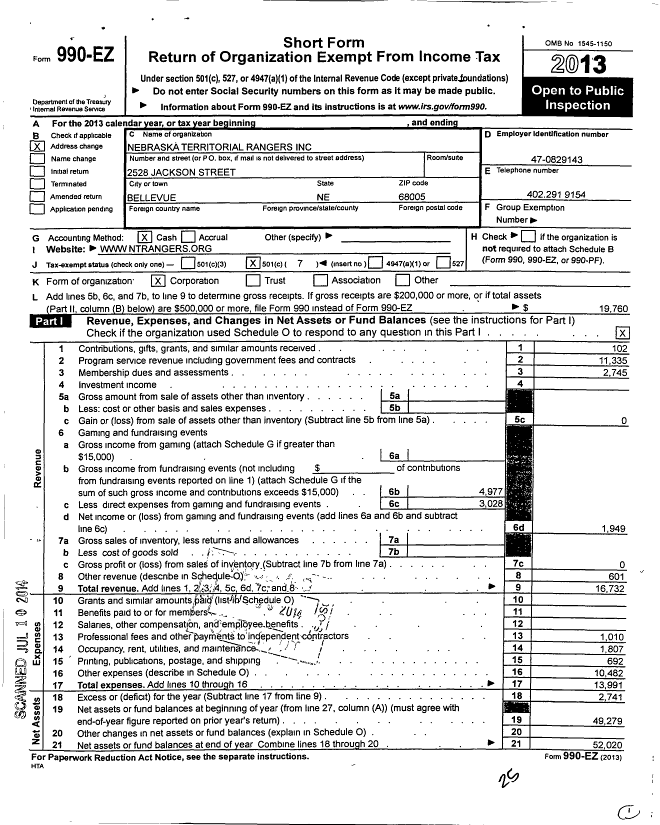 Image of first page of 2013 Form 990EO for Nebraska Territorial Rangers