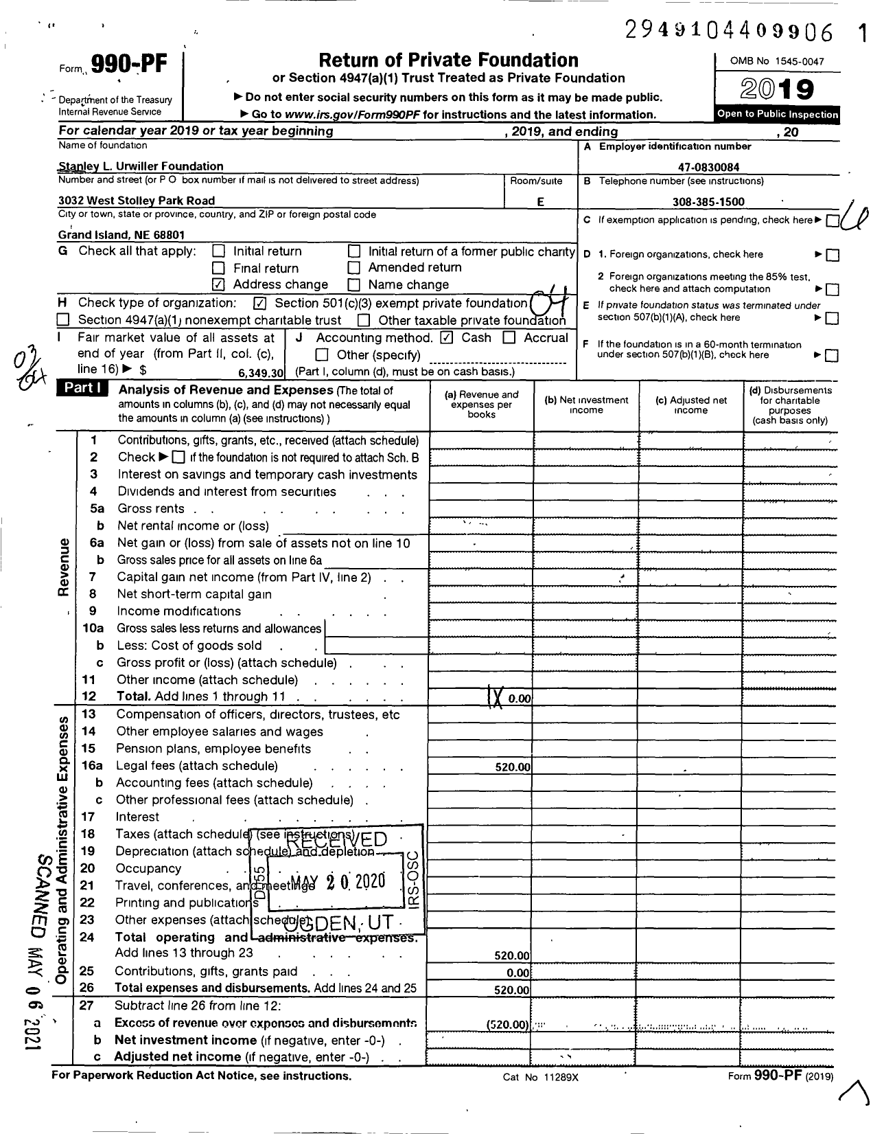 Image of first page of 2019 Form 990PF for Stanley L Urwiller Foundation