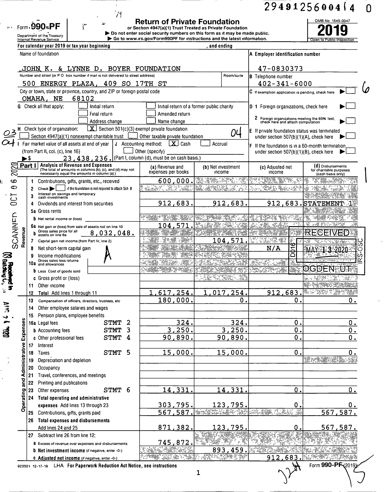 Image of first page of 2019 Form 990PR for John K and Lynne D Boyer Foundation