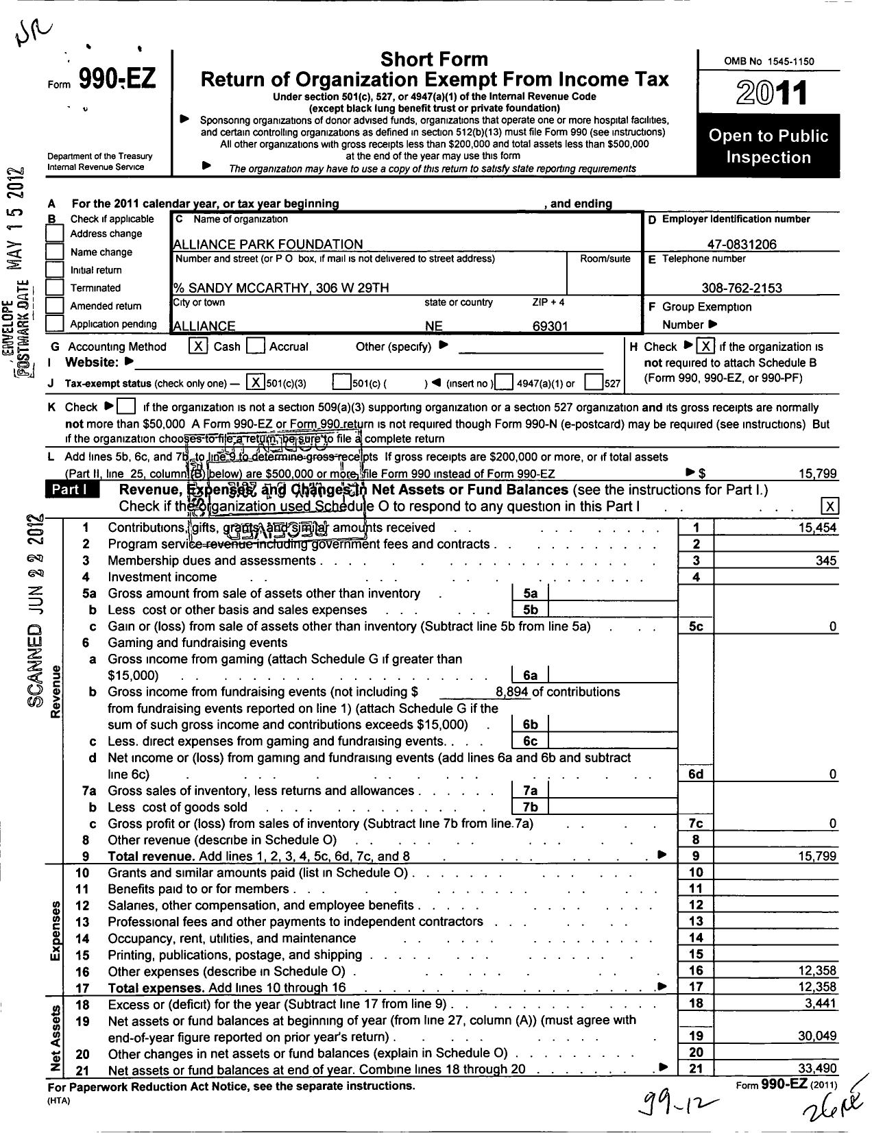 Image of first page of 2011 Form 990EZ for Alliance City Park Foundation