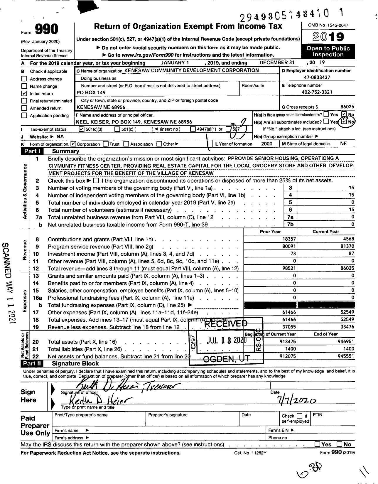 Image of first page of 2019 Form 990 for Kenesaw Community Development Corportion