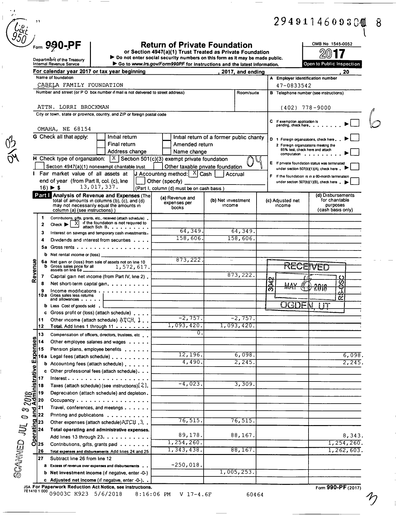 Image of first page of 2017 Form 990PF for Cabela Family Foundation