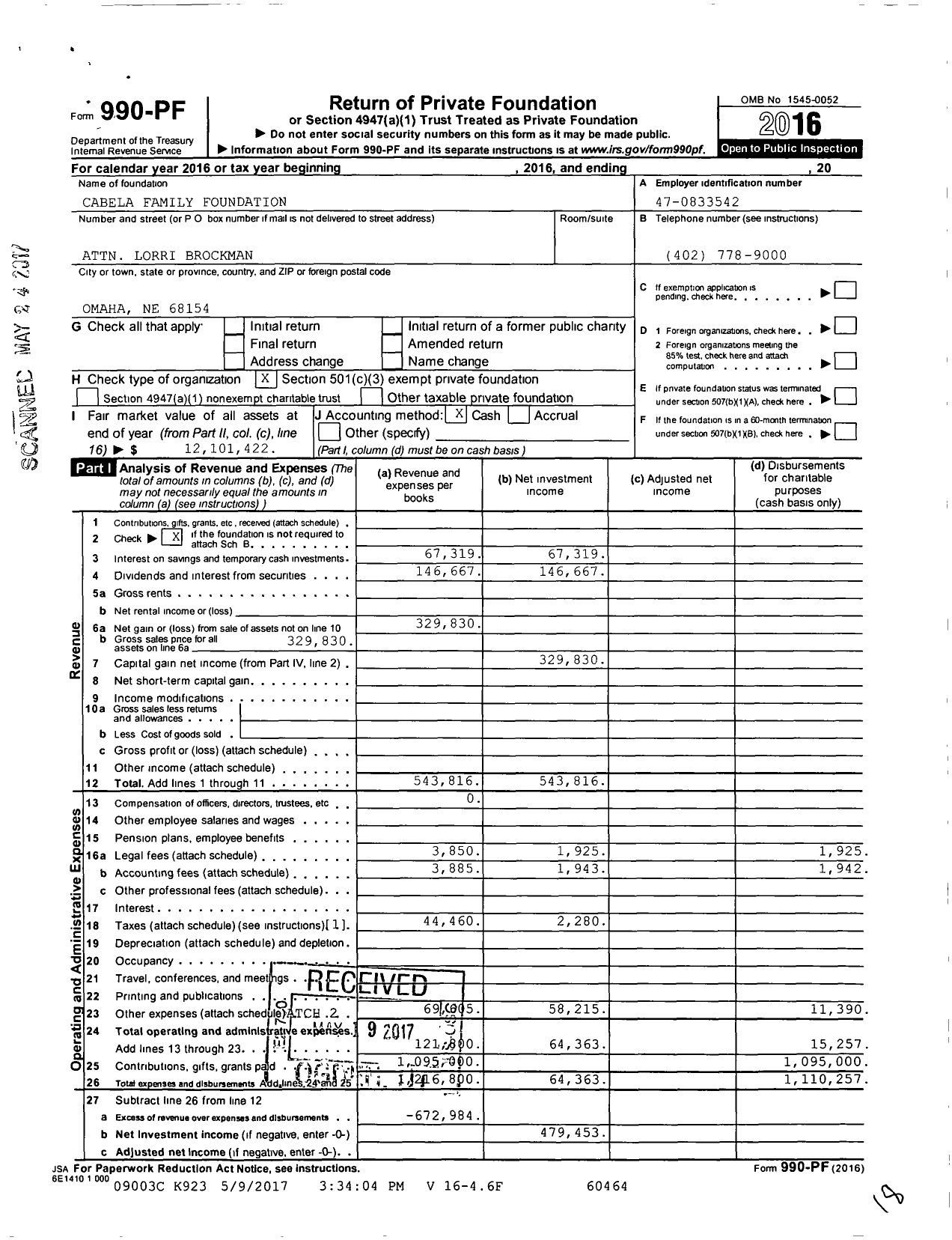 Image of first page of 2016 Form 990PF for Cabela Family Foundation