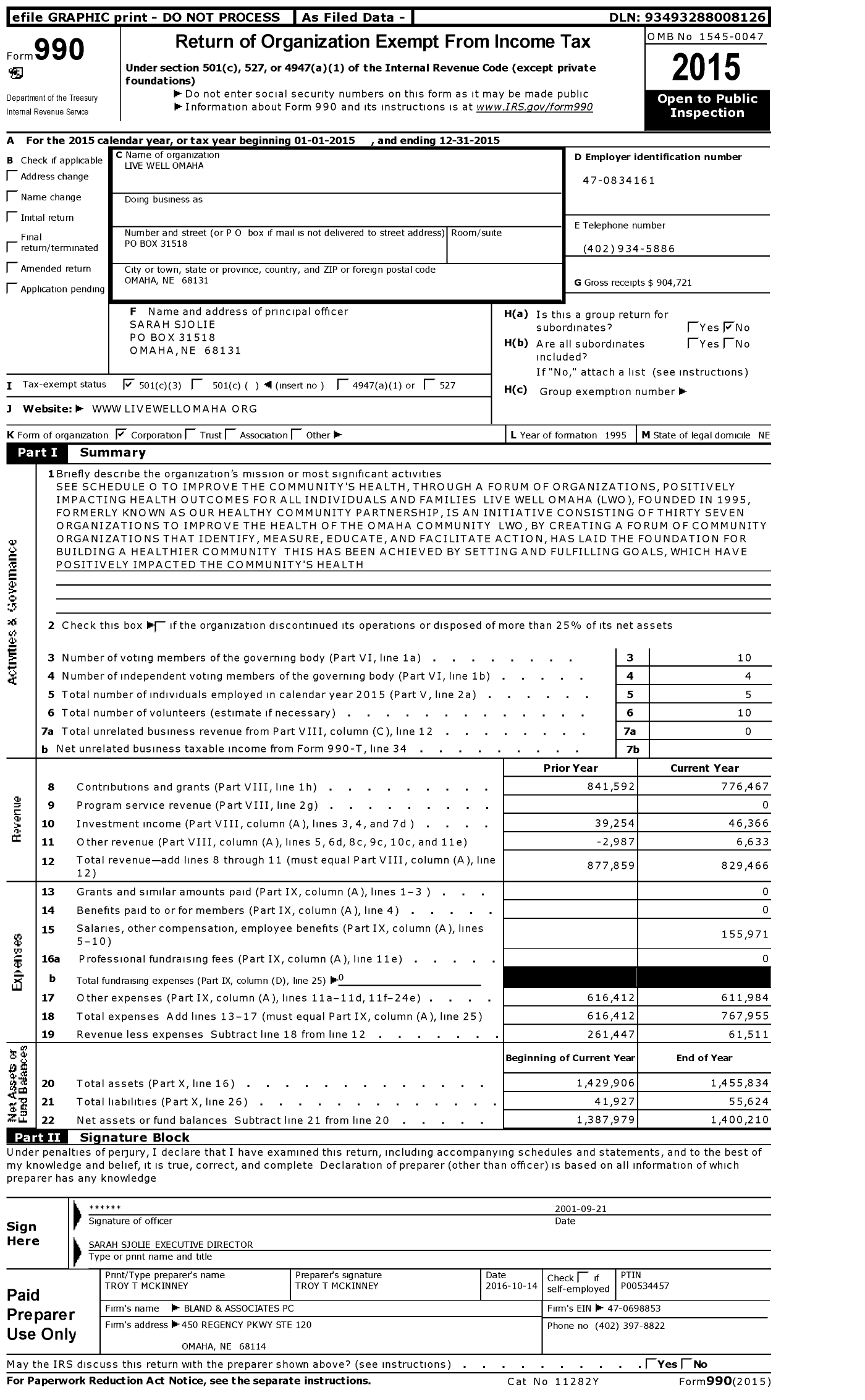 Image of first page of 2015 Form 990 for Live Well Omaha