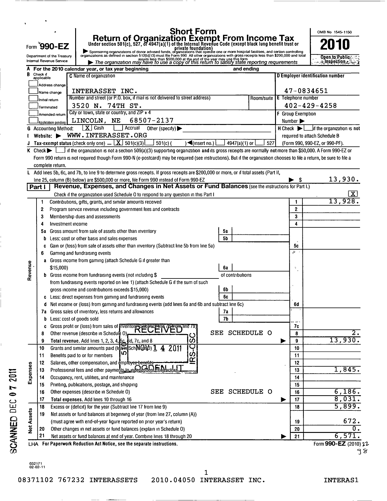 Image of first page of 2010 Form 990EZ for Interasset