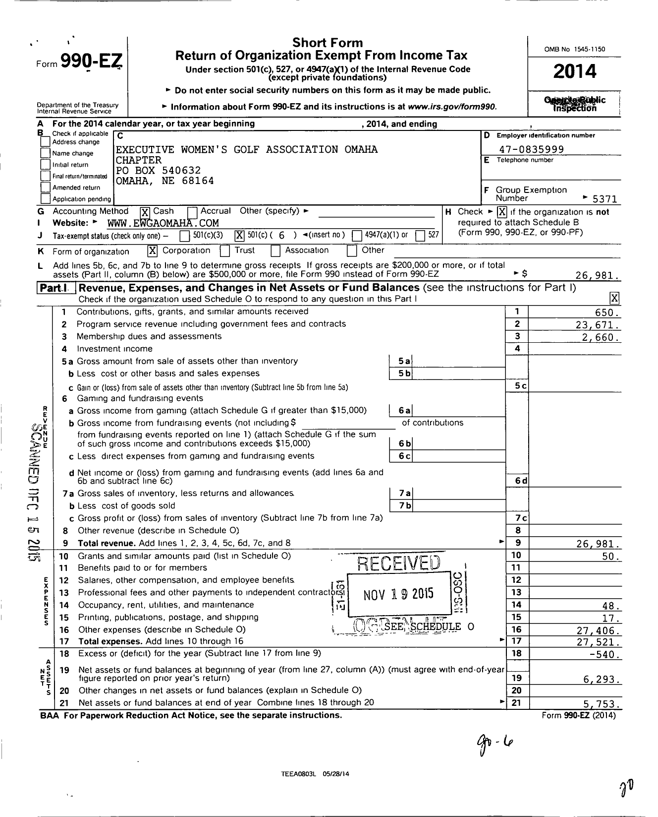 Image of first page of 2014 Form 990EO for Executive Womens Golf Association / Omaha Ne Chapter