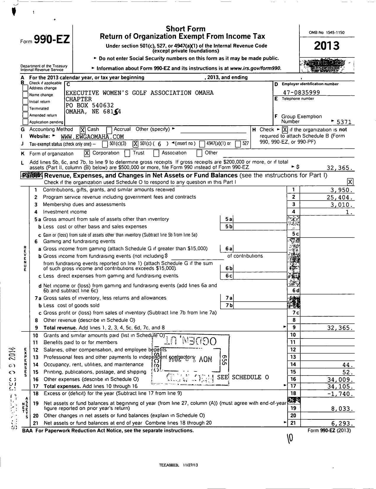 Image of first page of 2013 Form 990EO for Executive Womens Golf Association / Omaha Ne Chapter