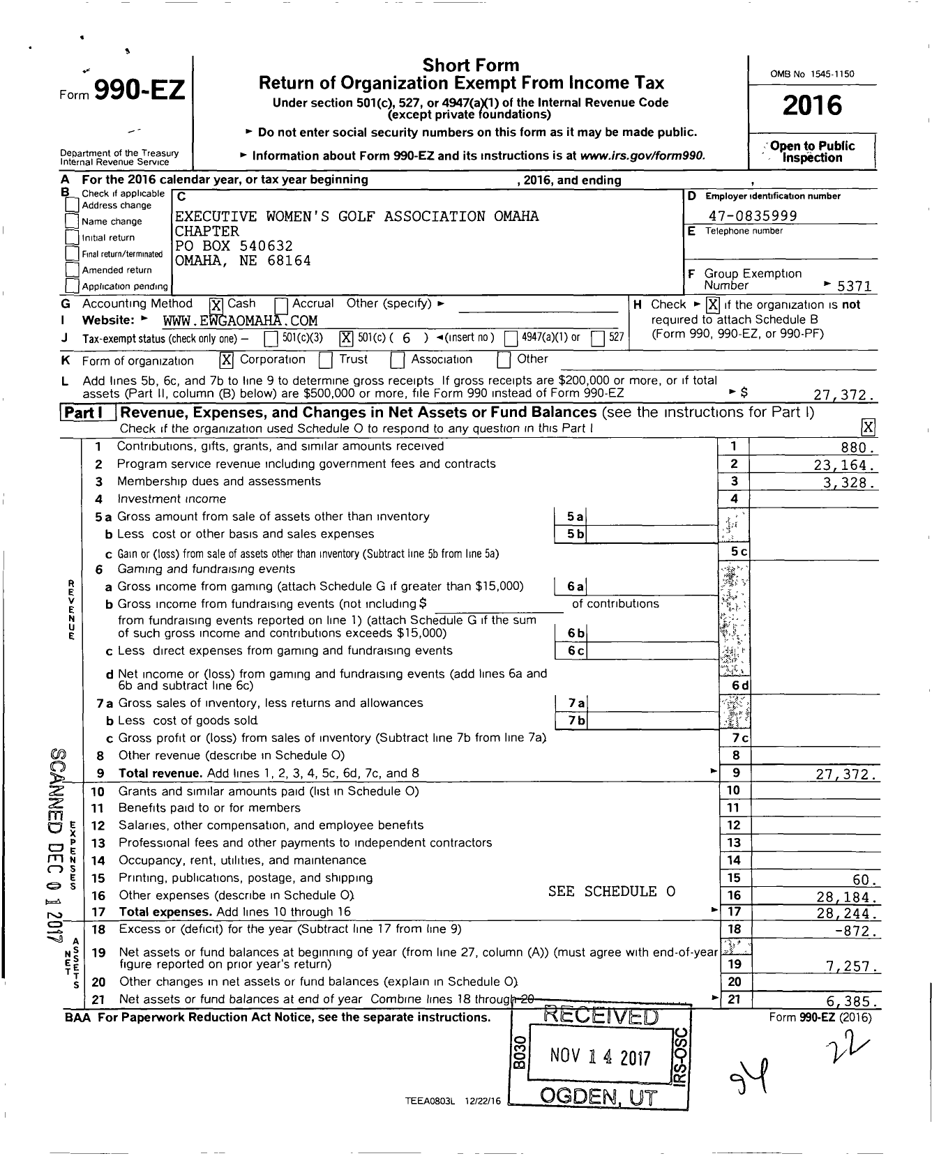 Image of first page of 2016 Form 990EO for Executive Womens Golf Association / Omaha Ne Chapter