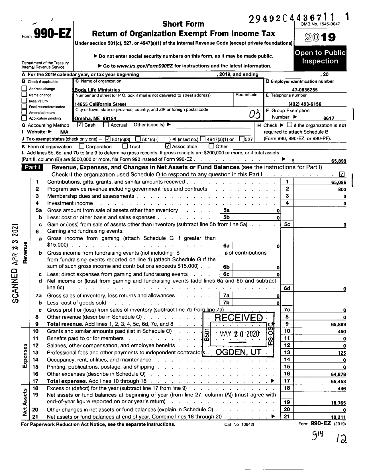 Image of first page of 2019 Form 990EZ for Body Life Ministries