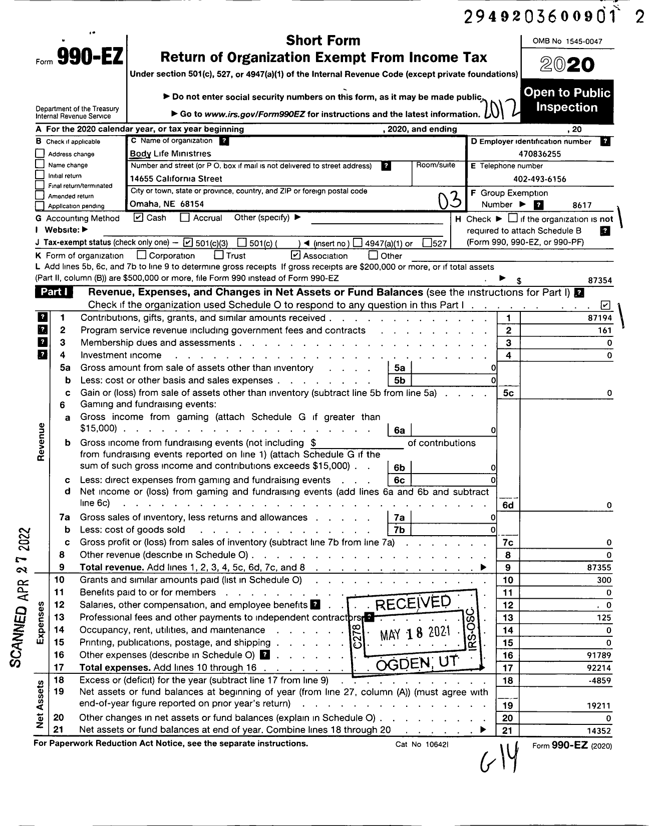 Image of first page of 2020 Form 990EZ for Body Life Ministries