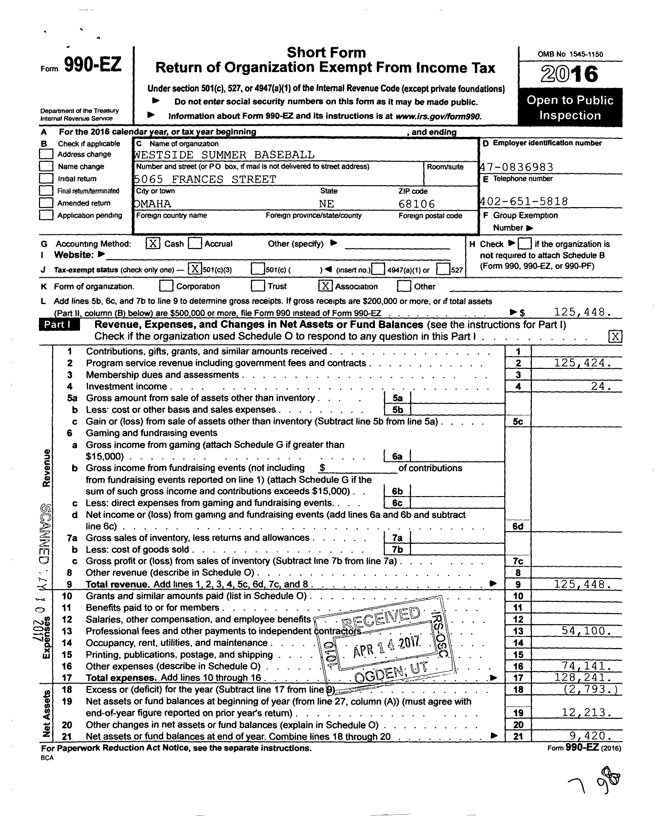 Image of first page of 2016 Form 990EZ for Westside Summer Baseball