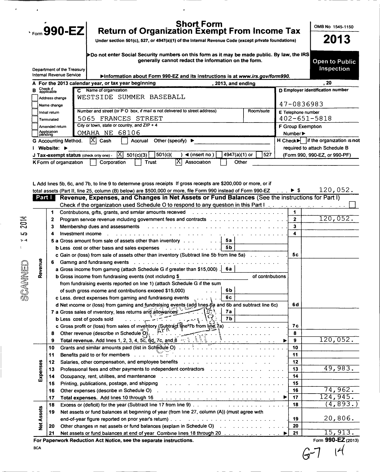 Image of first page of 2013 Form 990EZ for Westside Summer Baseball