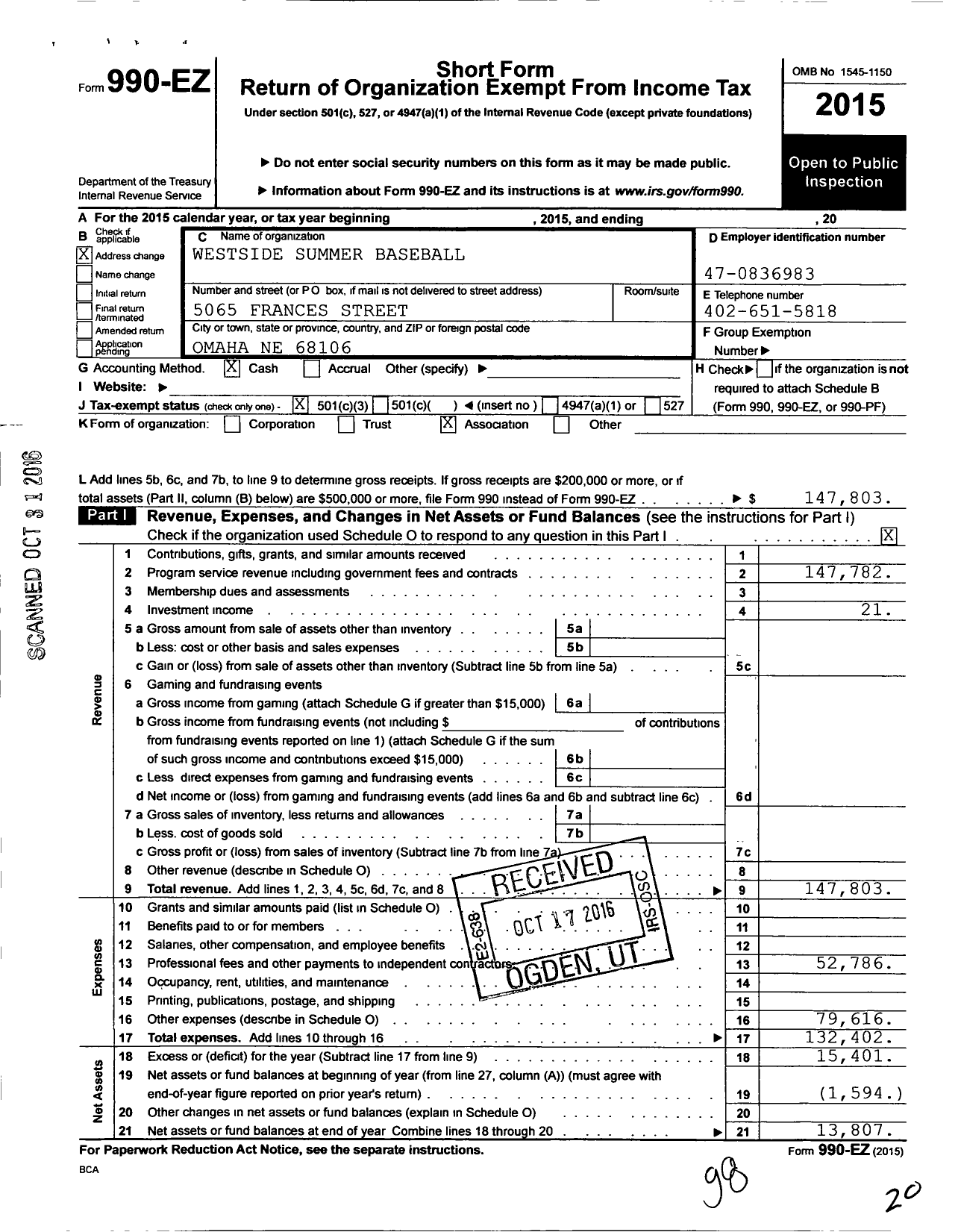 Image of first page of 2015 Form 990EZ for Westside Summer Baseball