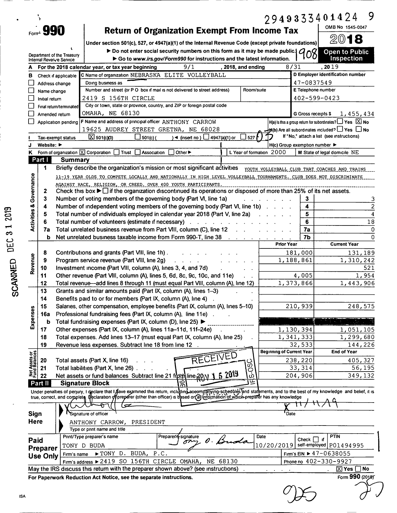 Image of first page of 2018 Form 990 for Nebraska Elite Volleyball