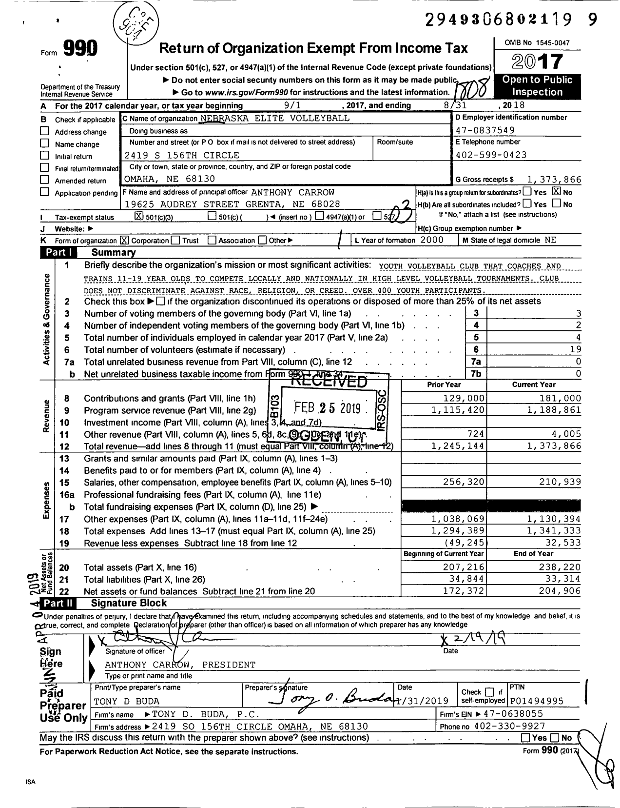 Image of first page of 2017 Form 990 for Nebraska Elite Volleyball