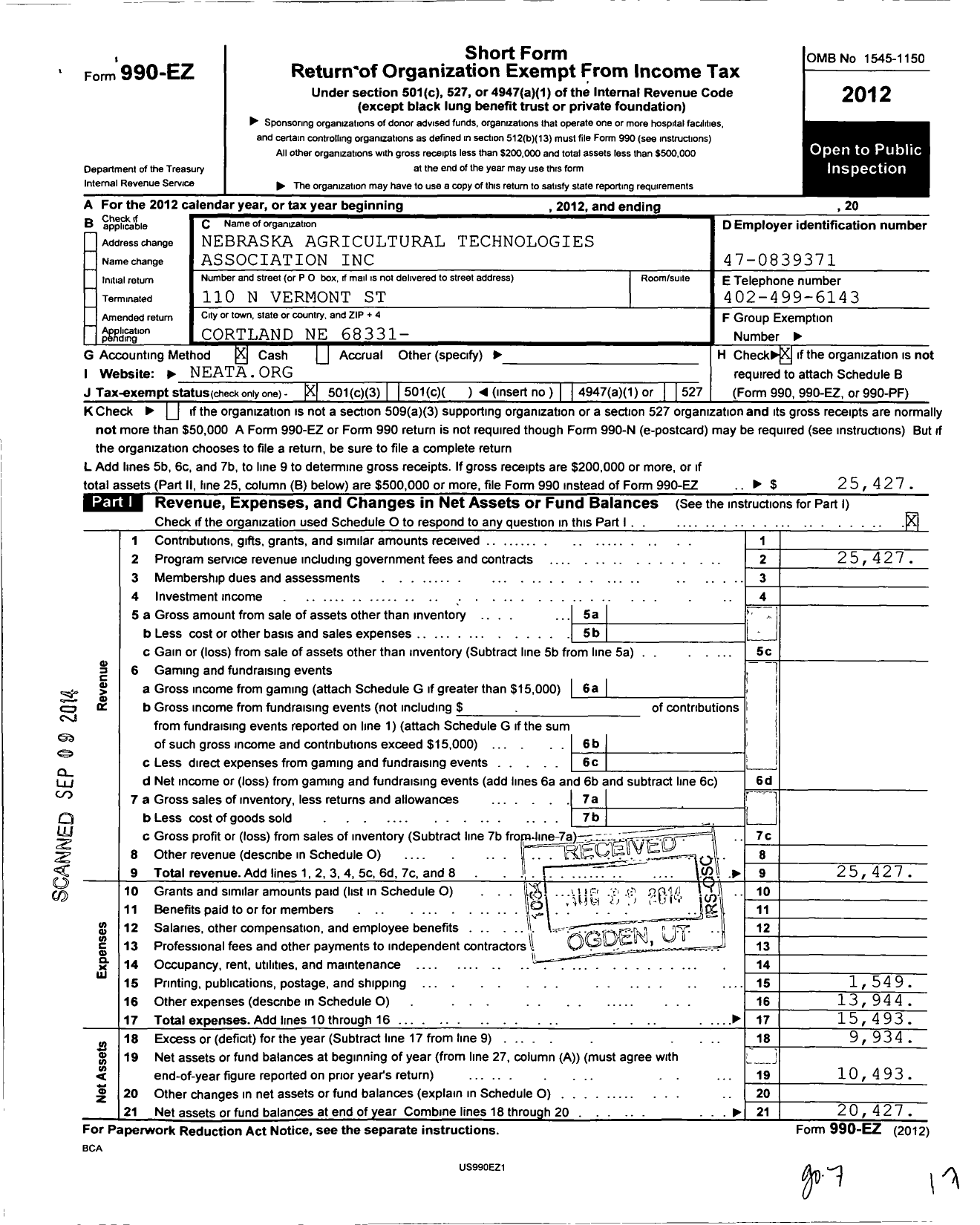 Image of first page of 2012 Form 990EZ for Nebraska Agricultural Technologies Association