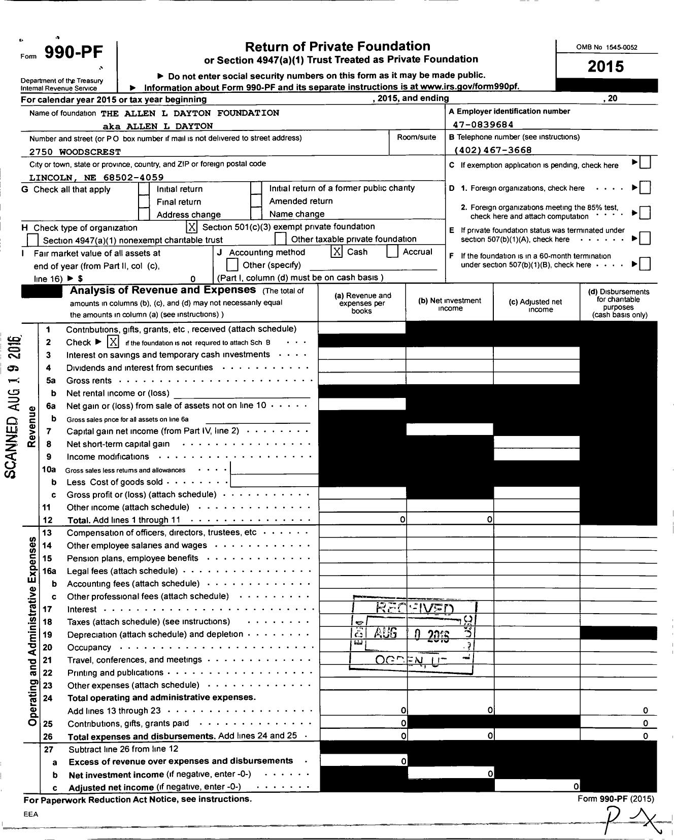 Image of first page of 2015 Form 990PF for The Allen Dayton Foundation