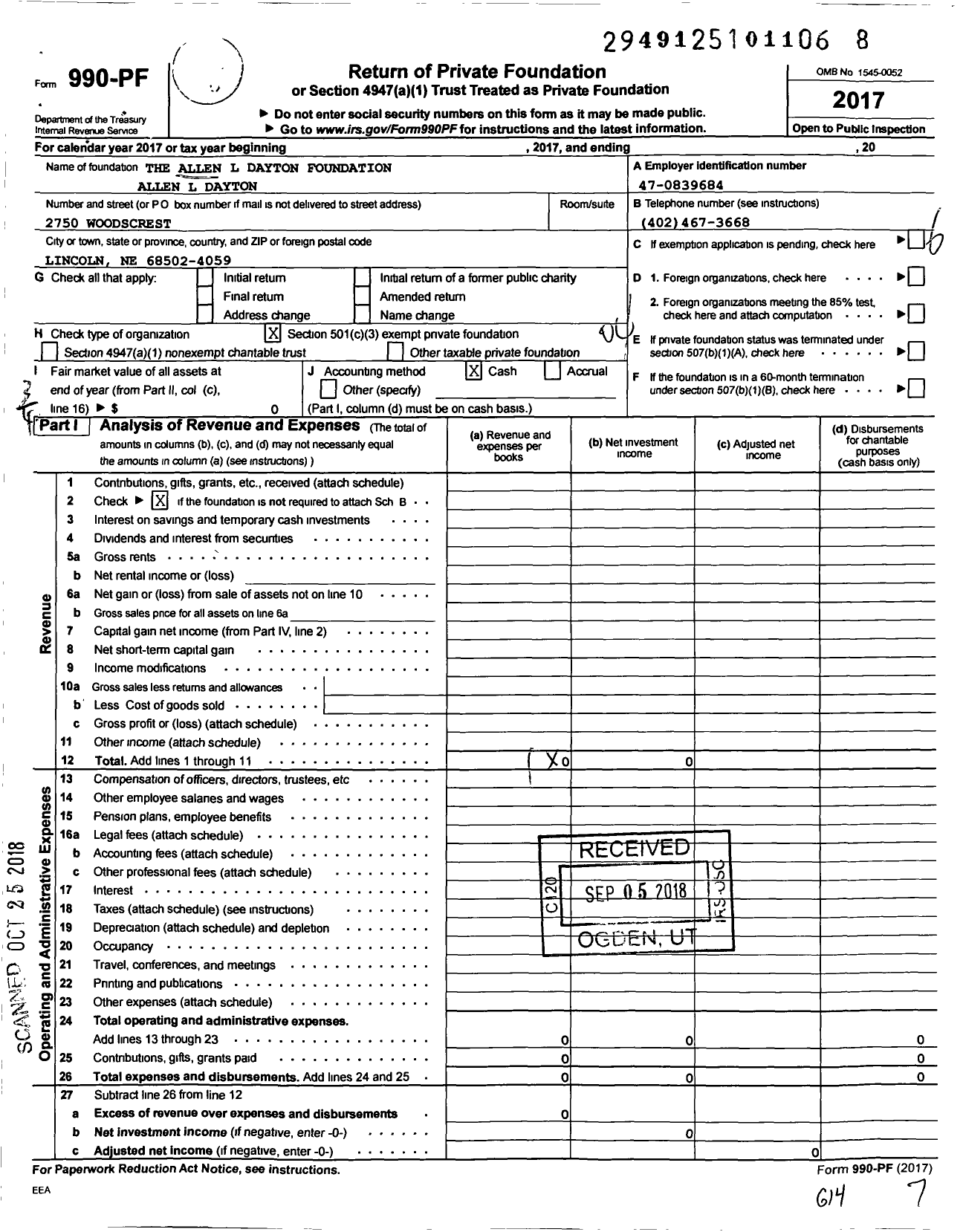 Image of first page of 2017 Form 990PF for The Allen Dayton Foundation