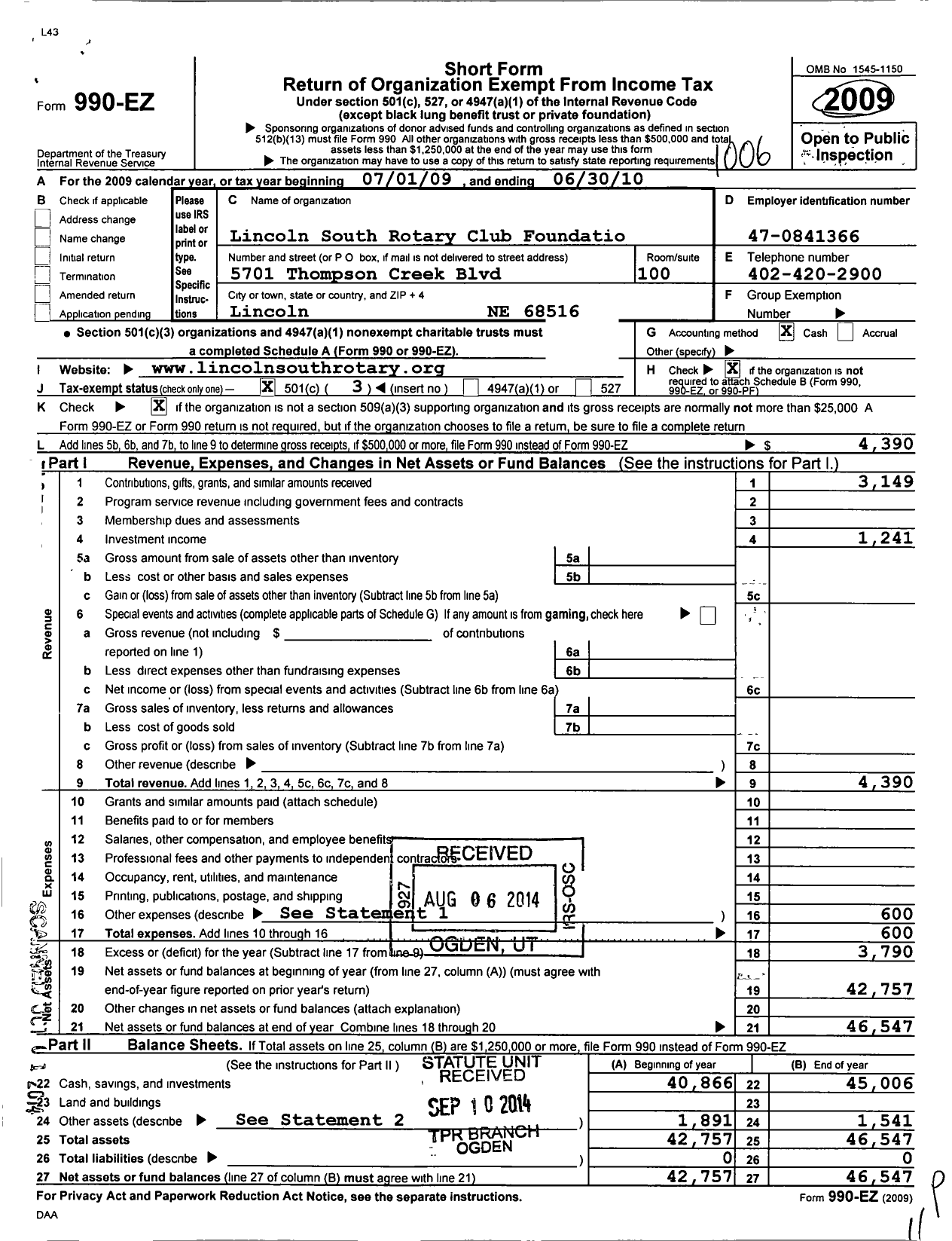 Image of first page of 2009 Form 990EZ for Lincoln South Rotary Club Foundation