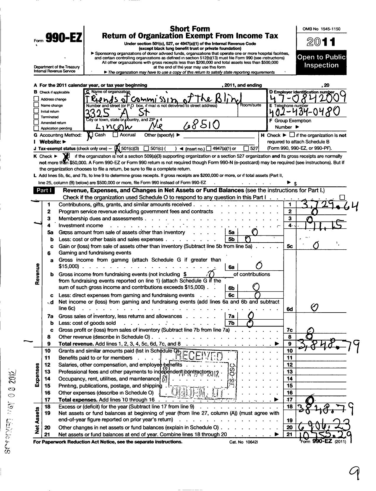 Image of first page of 2011 Form 990EZ for Friends of the Commission for the Blind and Visually Impaired