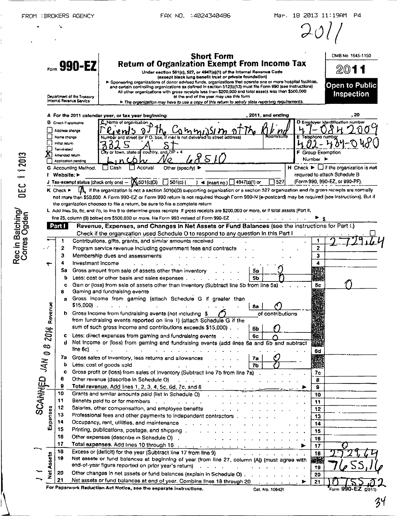 Image of first page of 2011 Form 990EZ for Friends of the Commission for the Blind and Visually Impaired