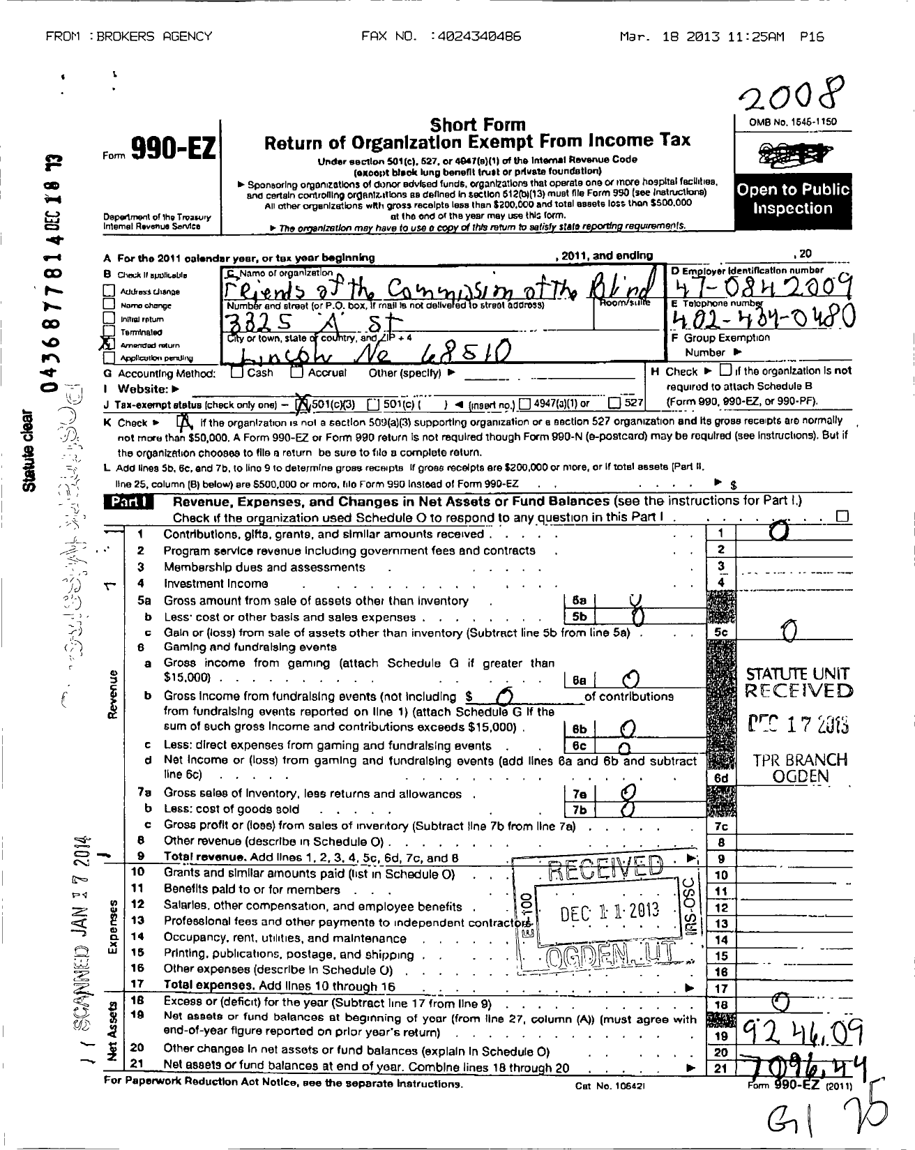 Image of first page of 2008 Form 990EZ for Friends of the Commission for the Blind and Visually Impaired