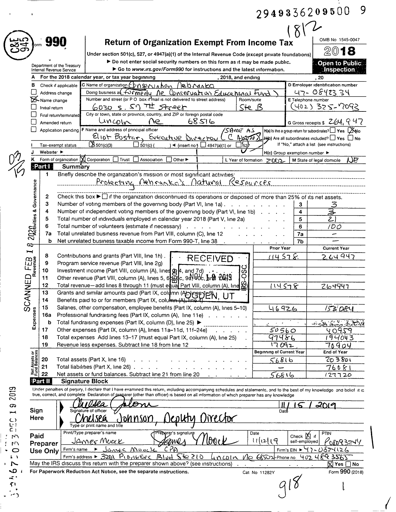 Image of first page of 2018 Form 990 for Conservation Nebraska