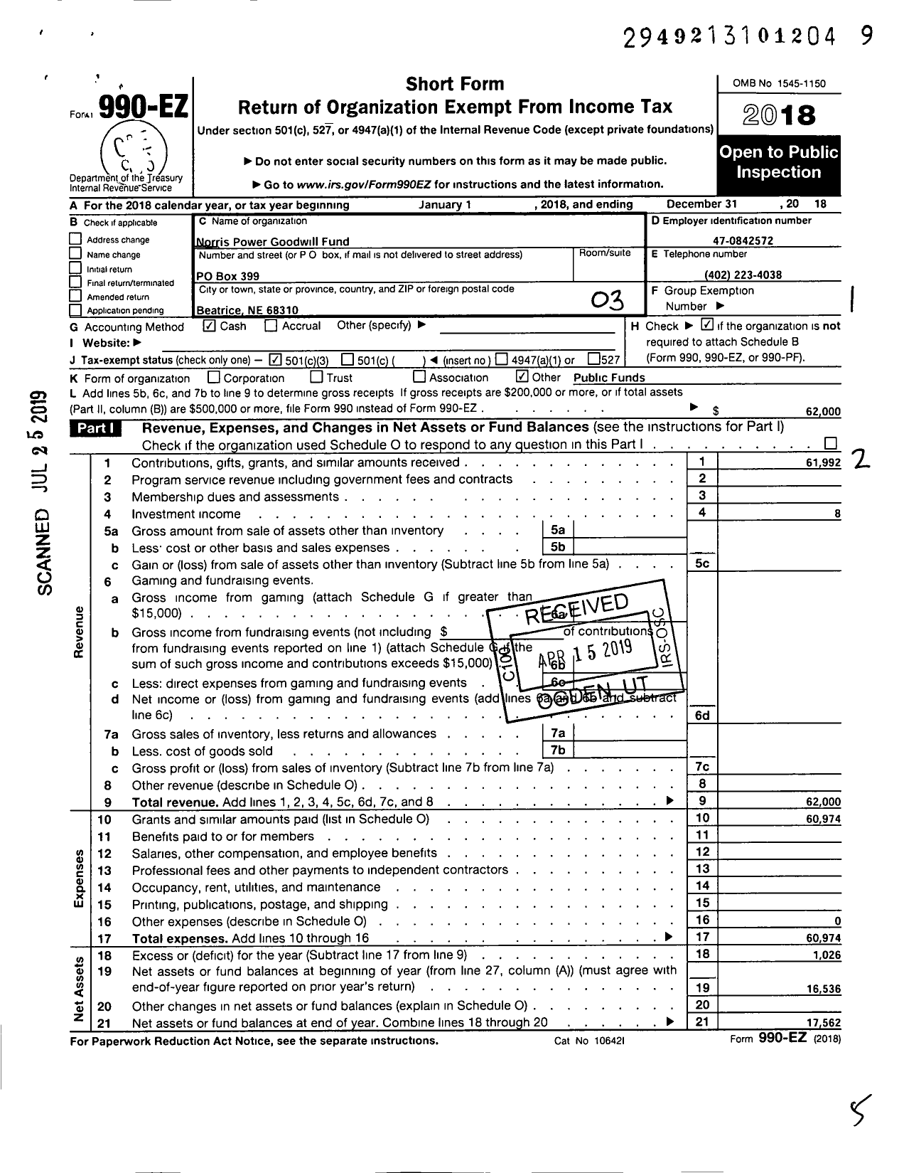 Image of first page of 2018 Form 990EZ for Norris Power Goodwill Fund