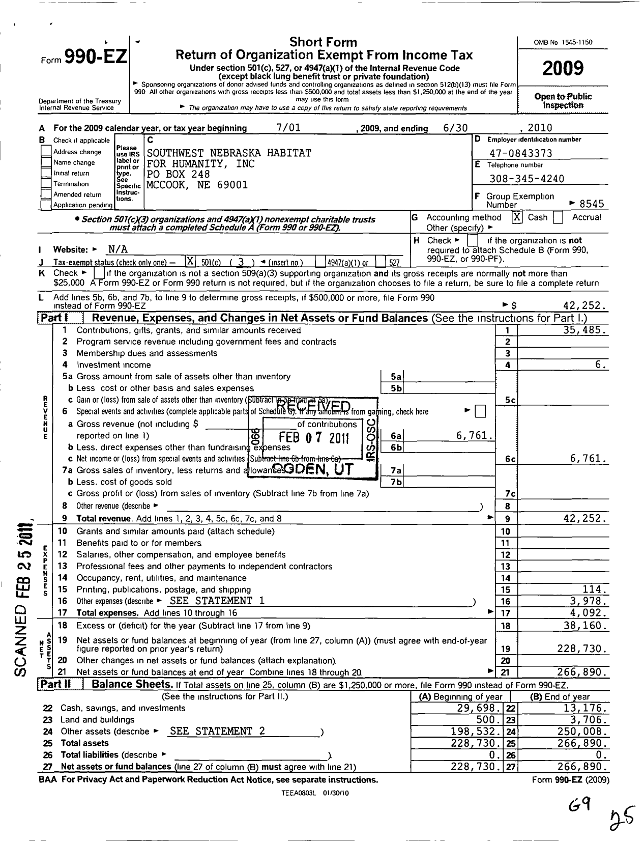 Image of first page of 2009 Form 990EZ for Habitat for Humanity - Southwest Nebraska