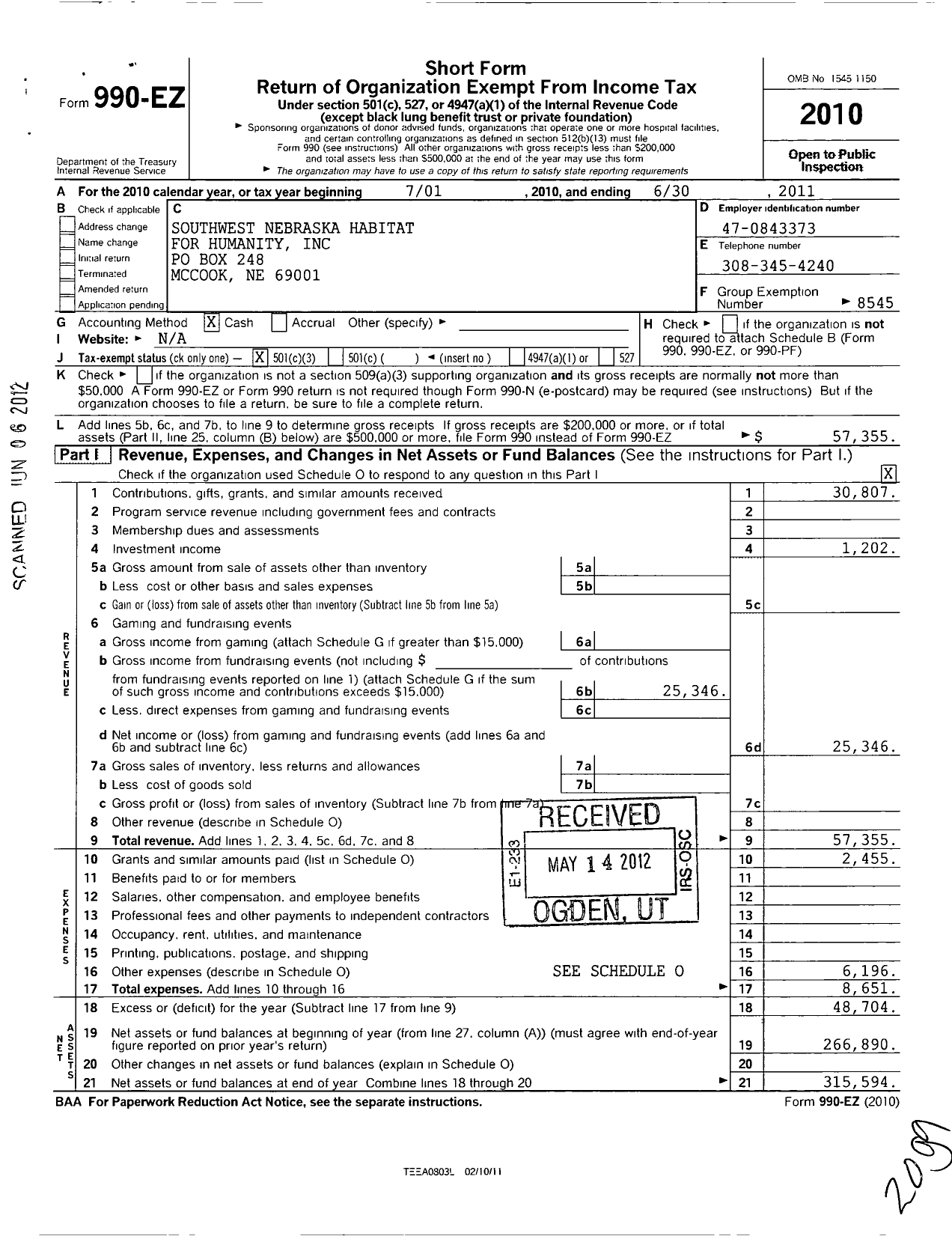 Image of first page of 2010 Form 990EZ for Habitat for Humanity - Southwest Nebraska