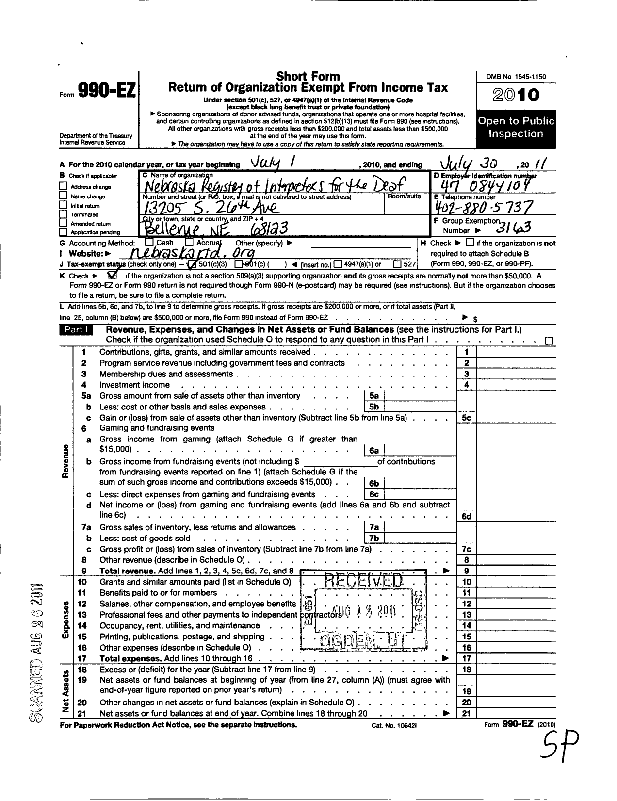 Image of first page of 2010 Form 990EZ for Nebraska Registry of Interpreters for the Deaf