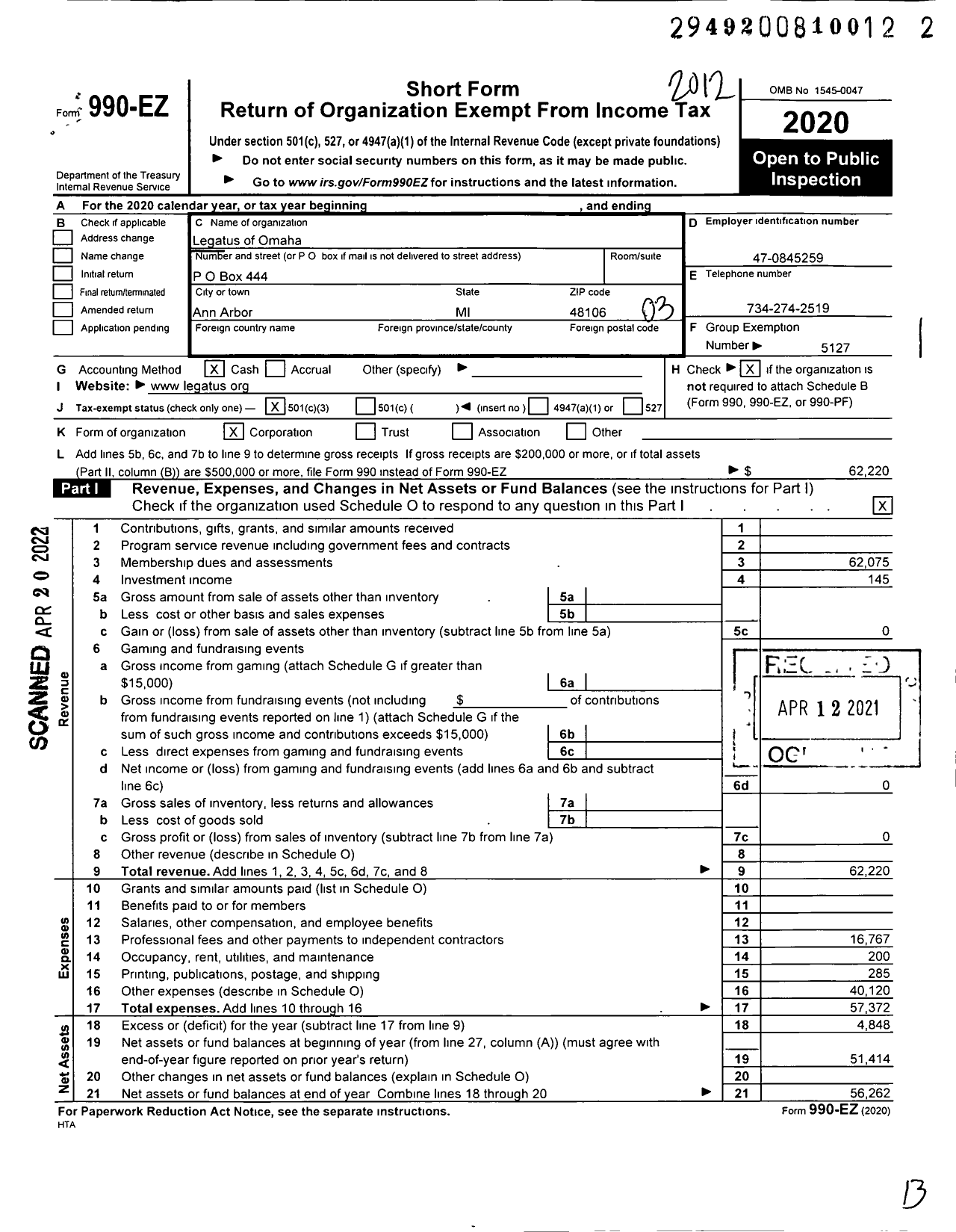 Image of first page of 2020 Form 990EZ for Legatus of Omaha