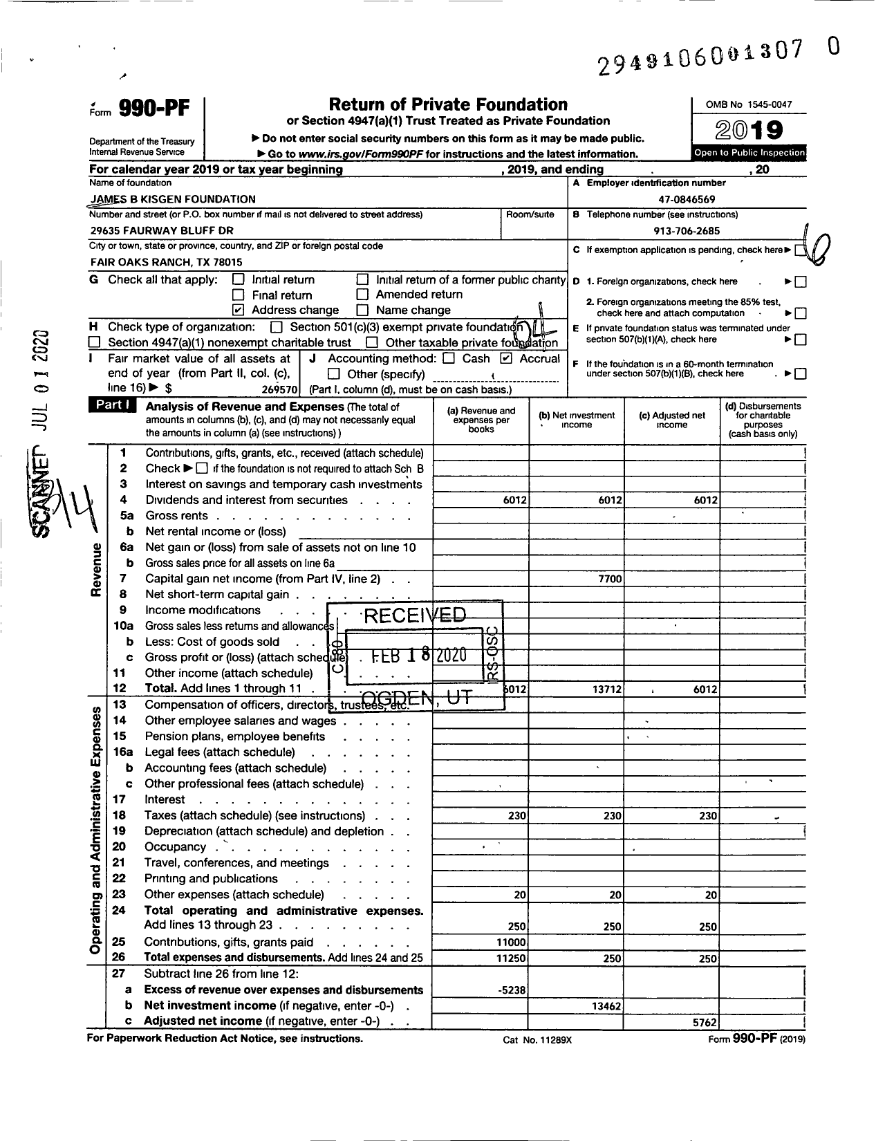 Image of first page of 2019 Form 990PR for James B Kisgen Foundation